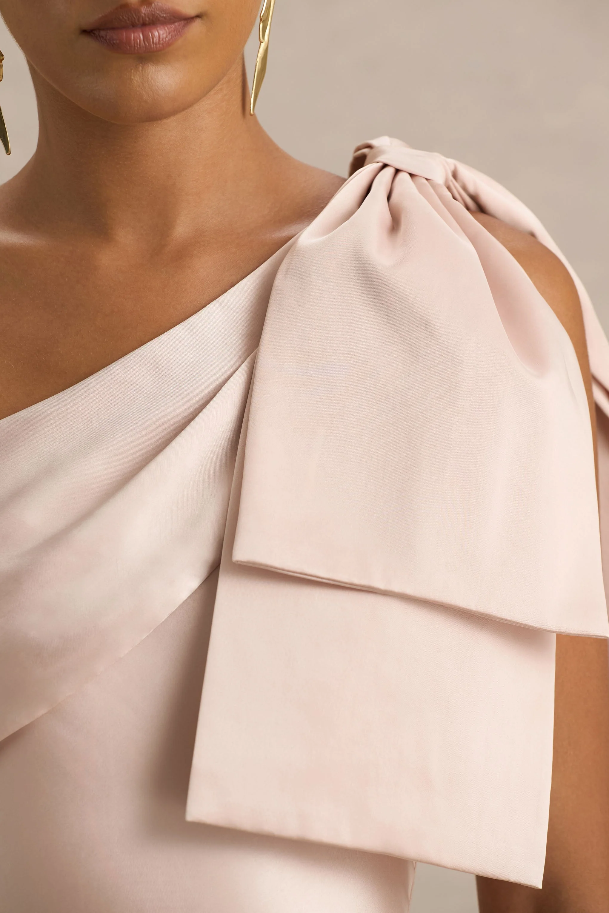 Valerie | Light Pink Satin Asymmetric-Neck Maxi Dress With Bow Detail - Image 6