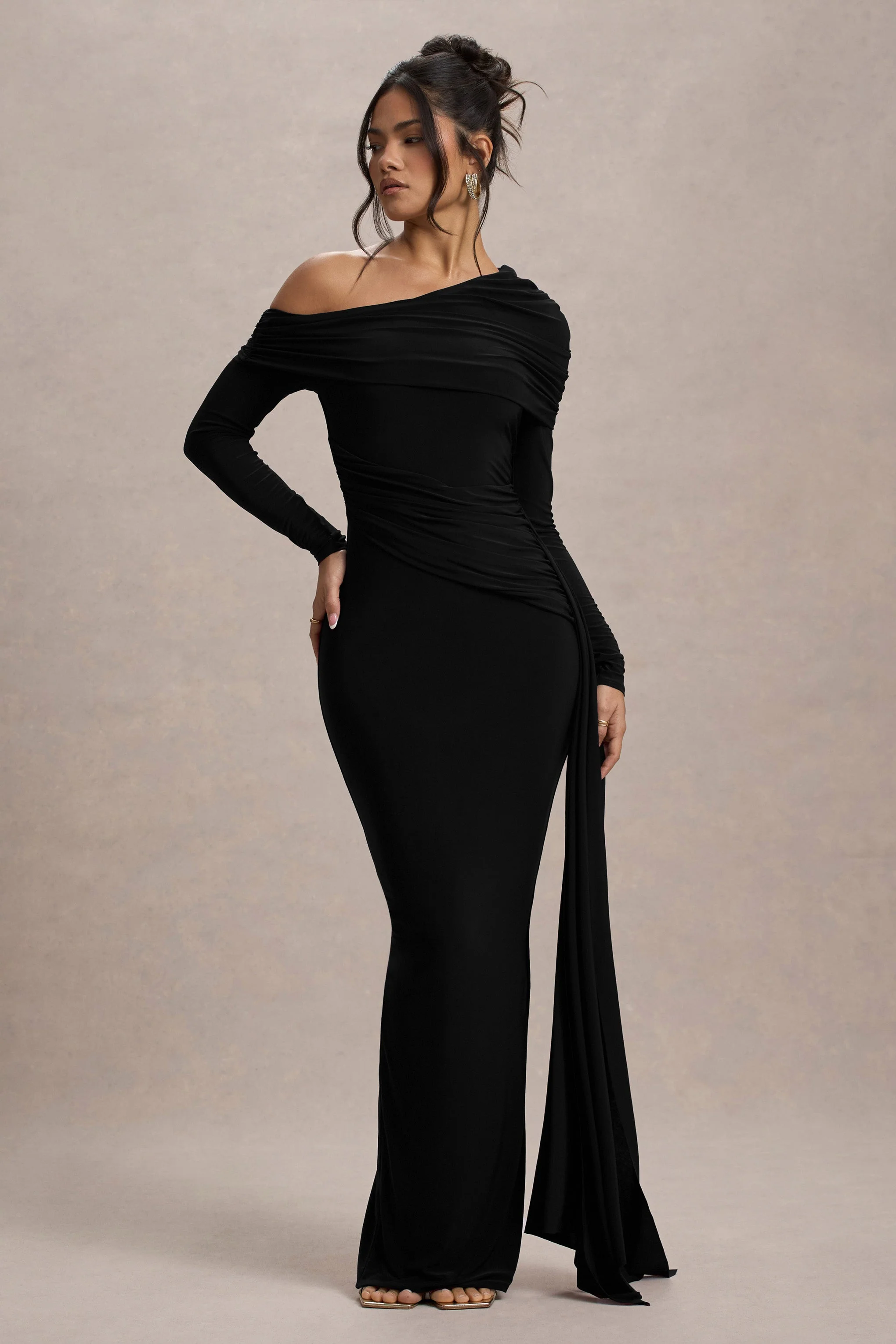 Valina | Black Ruched Asymmetric Maxi Dress With Drape - Image 4