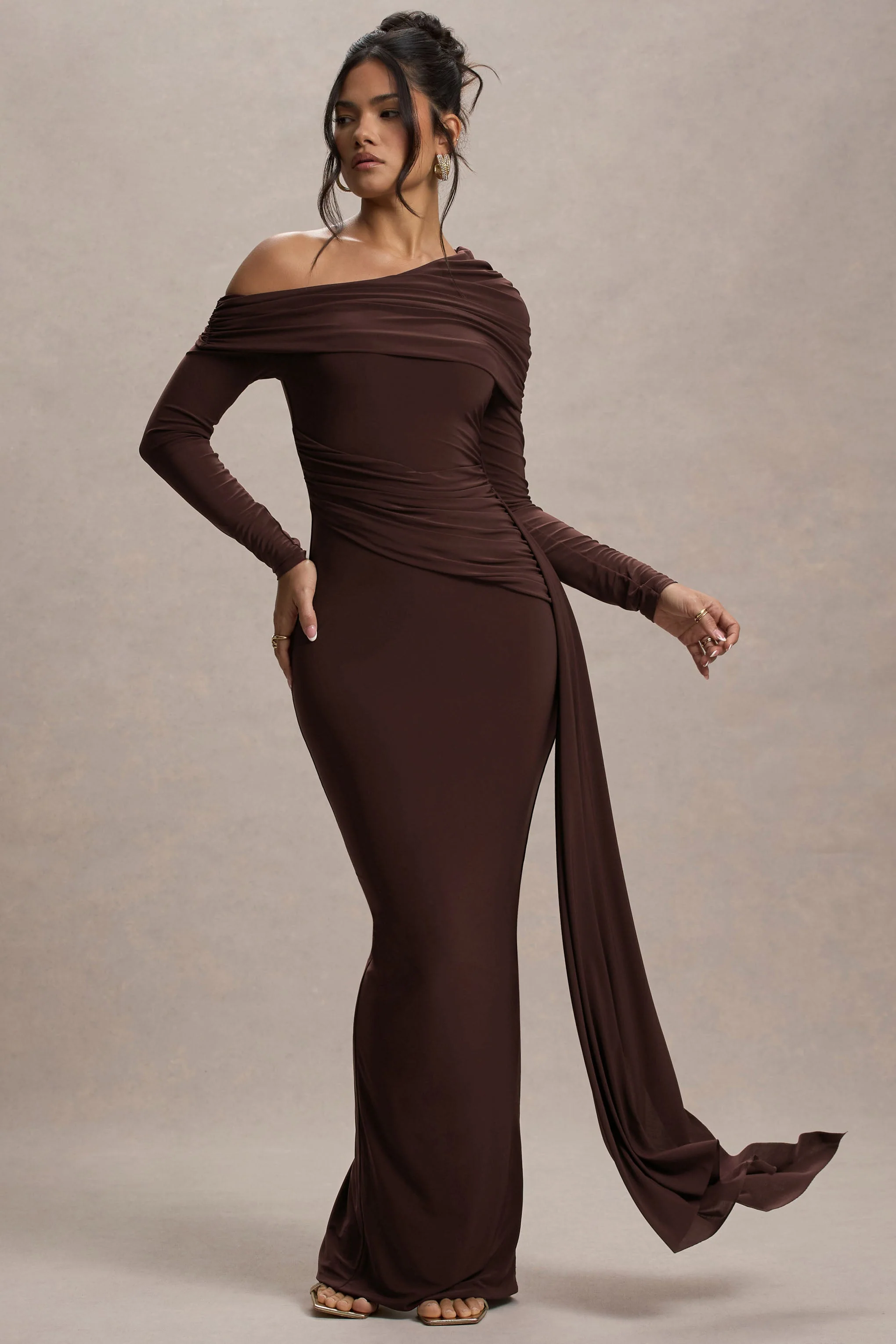 Valina | Brown Ruched Asymmetric Maxi Dress With Drape - Image 6
