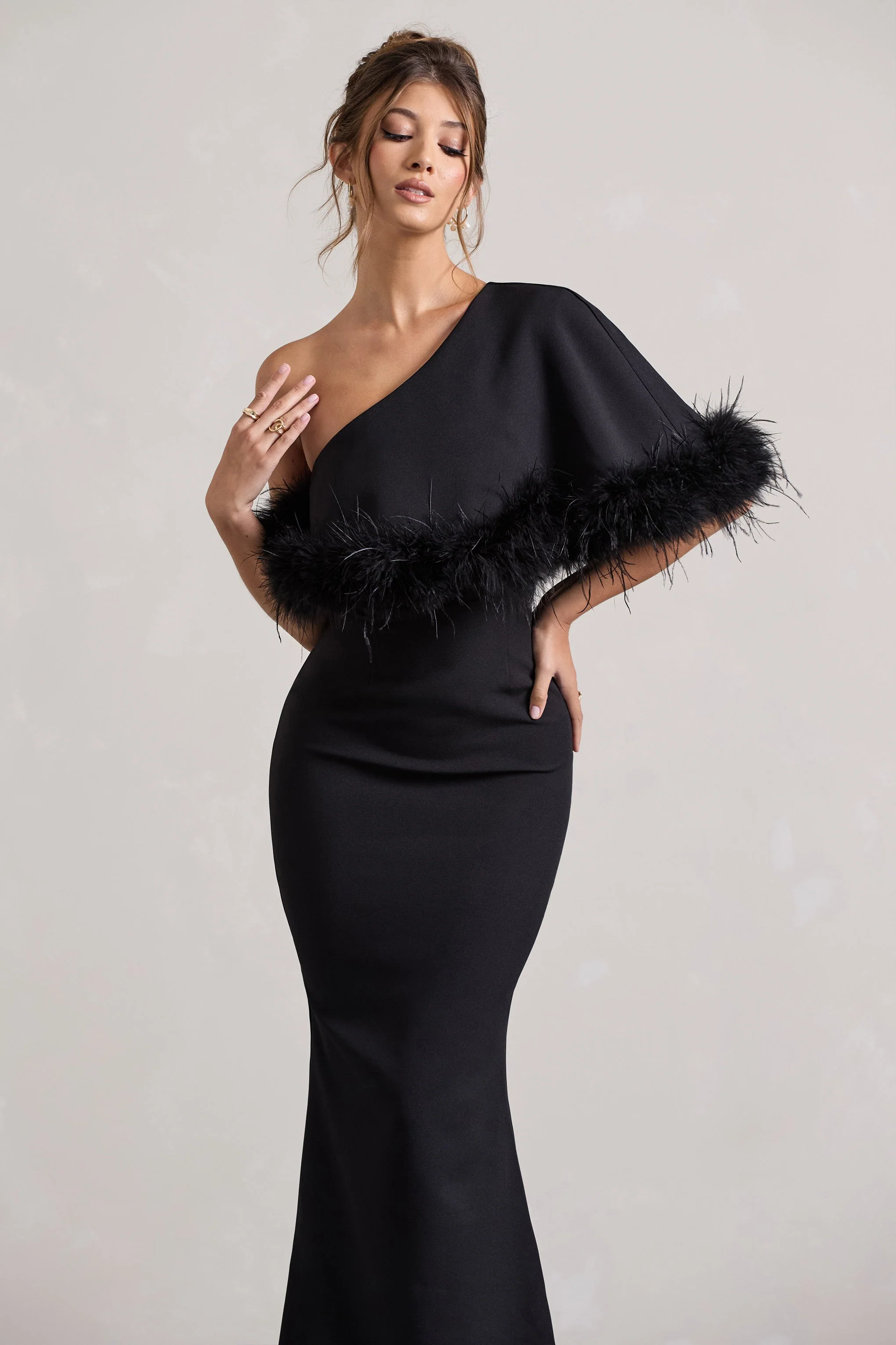 Valor | Black Asymmetric Maxi Dress With Feather Trim - Image 3