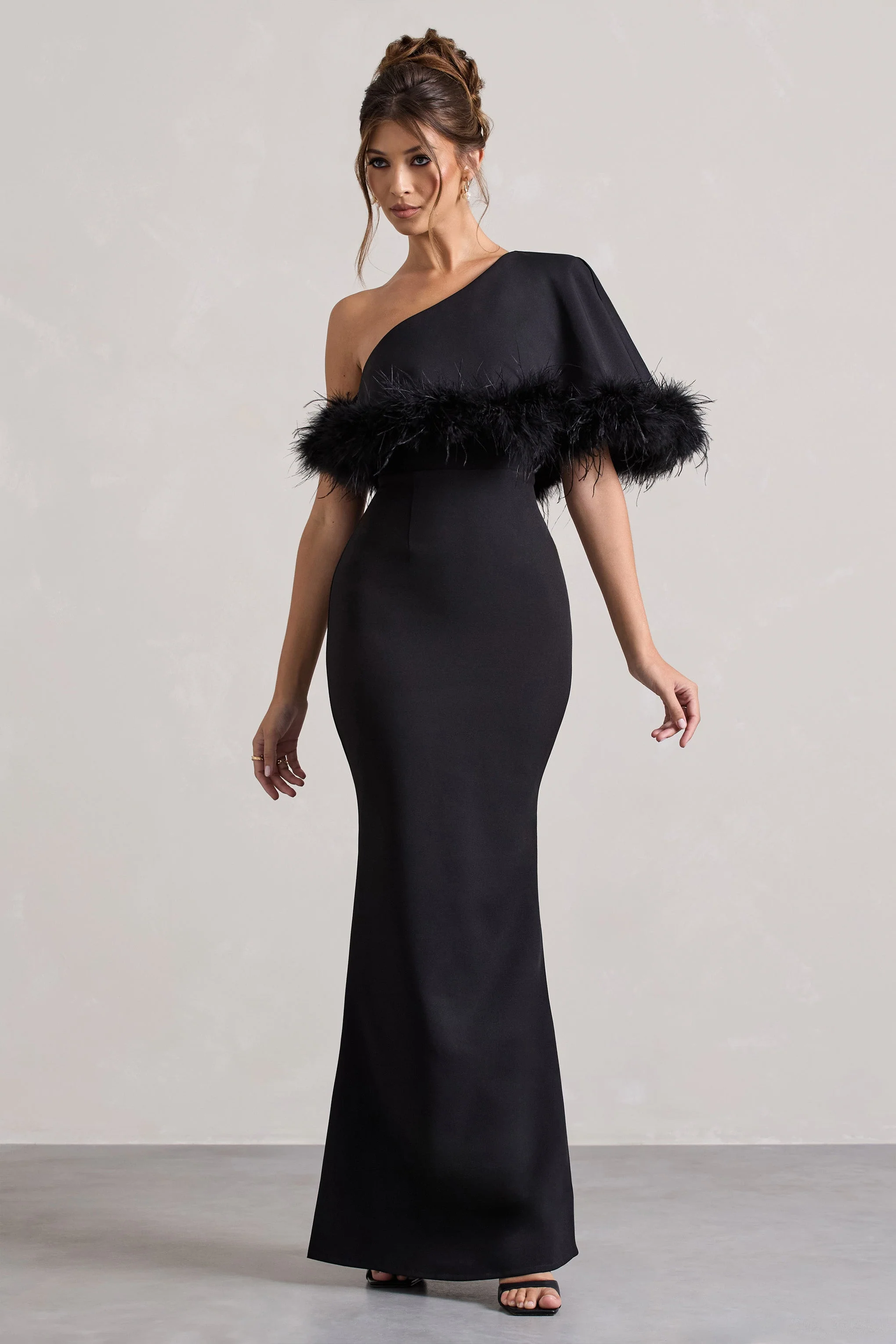 Valor | Black Asymmetric Maxi Dress With Feather Trim - Image 4