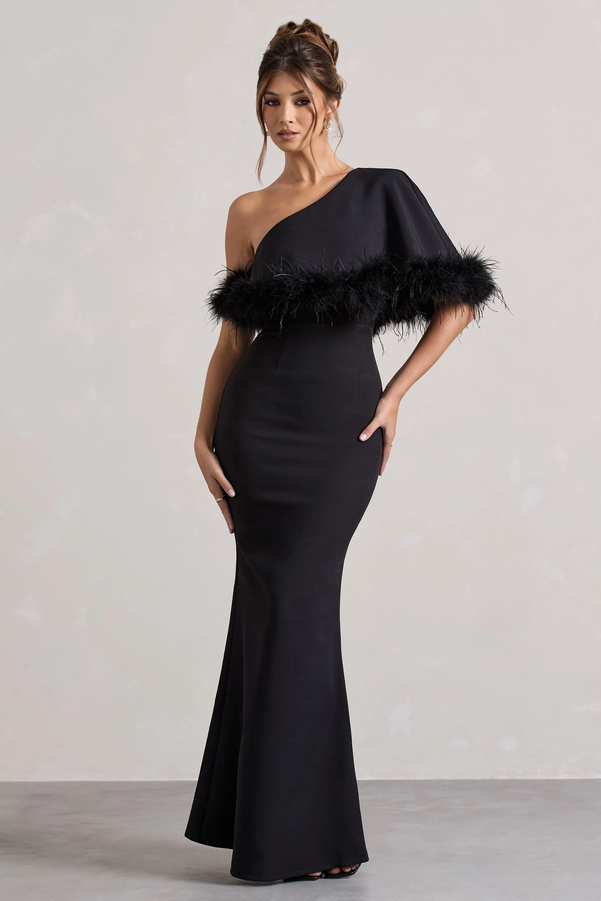 Valor | Black Asymmetric Maxi Dress With Feather Trim - Image 5