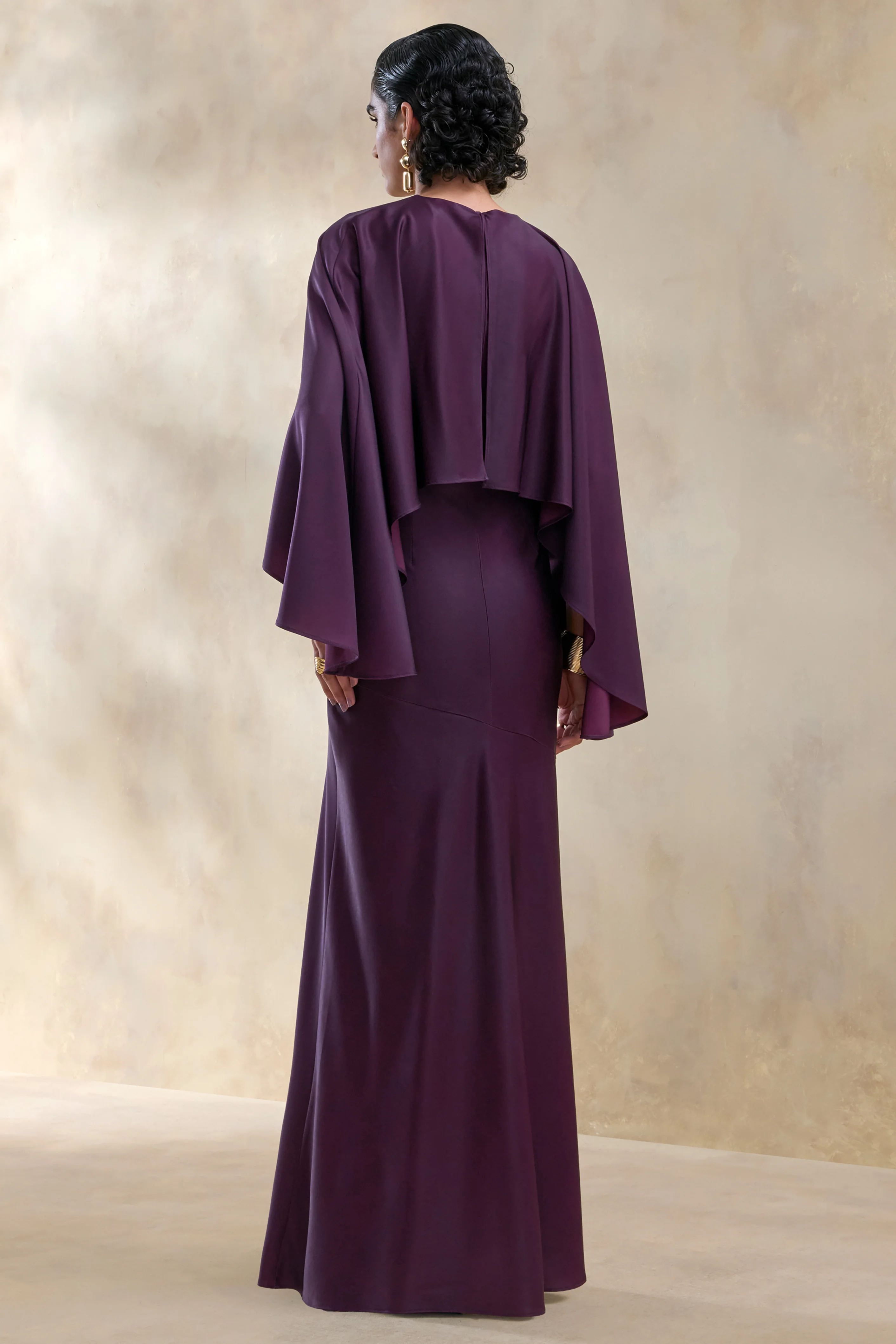 Vanthea | Dark Plum Satin Round-Neck Maxi Dress With Cape-Sleeves - Image 2
