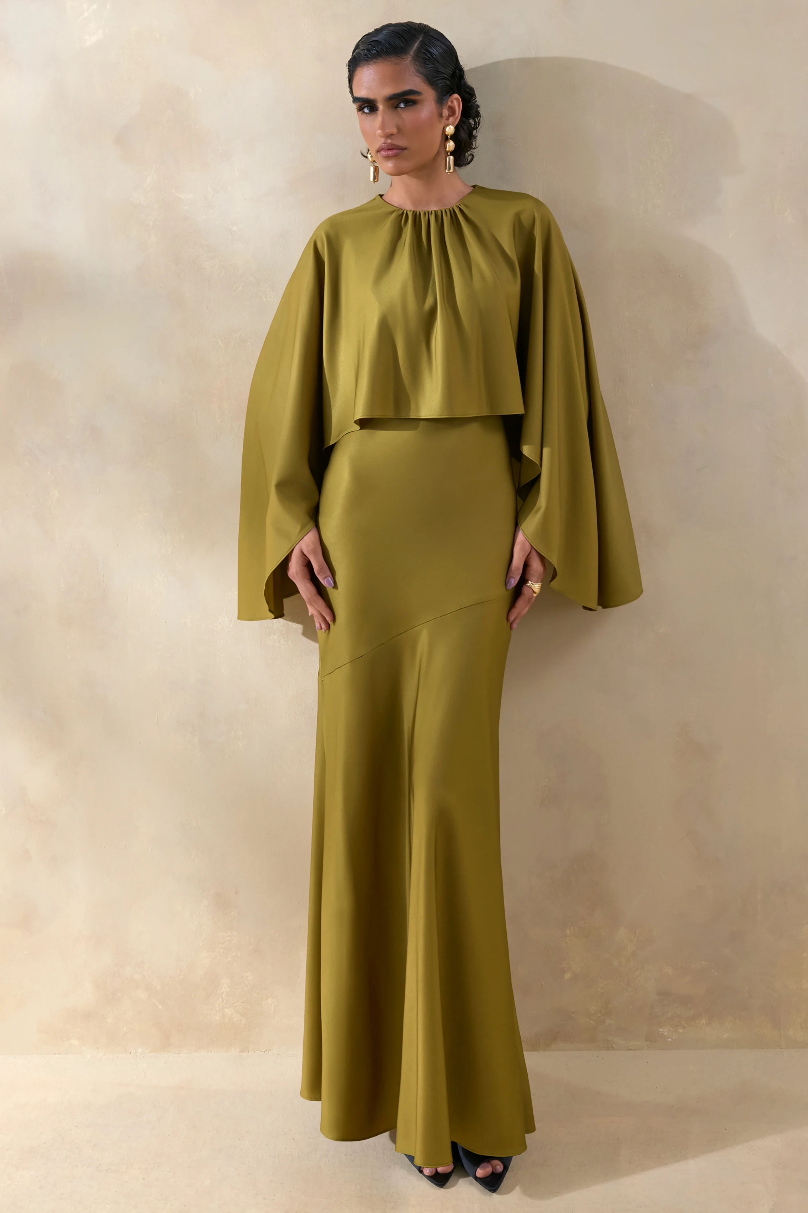 Vanthea | Olive Satin Round-Neck Maxi Dress With Cape-Sleeves