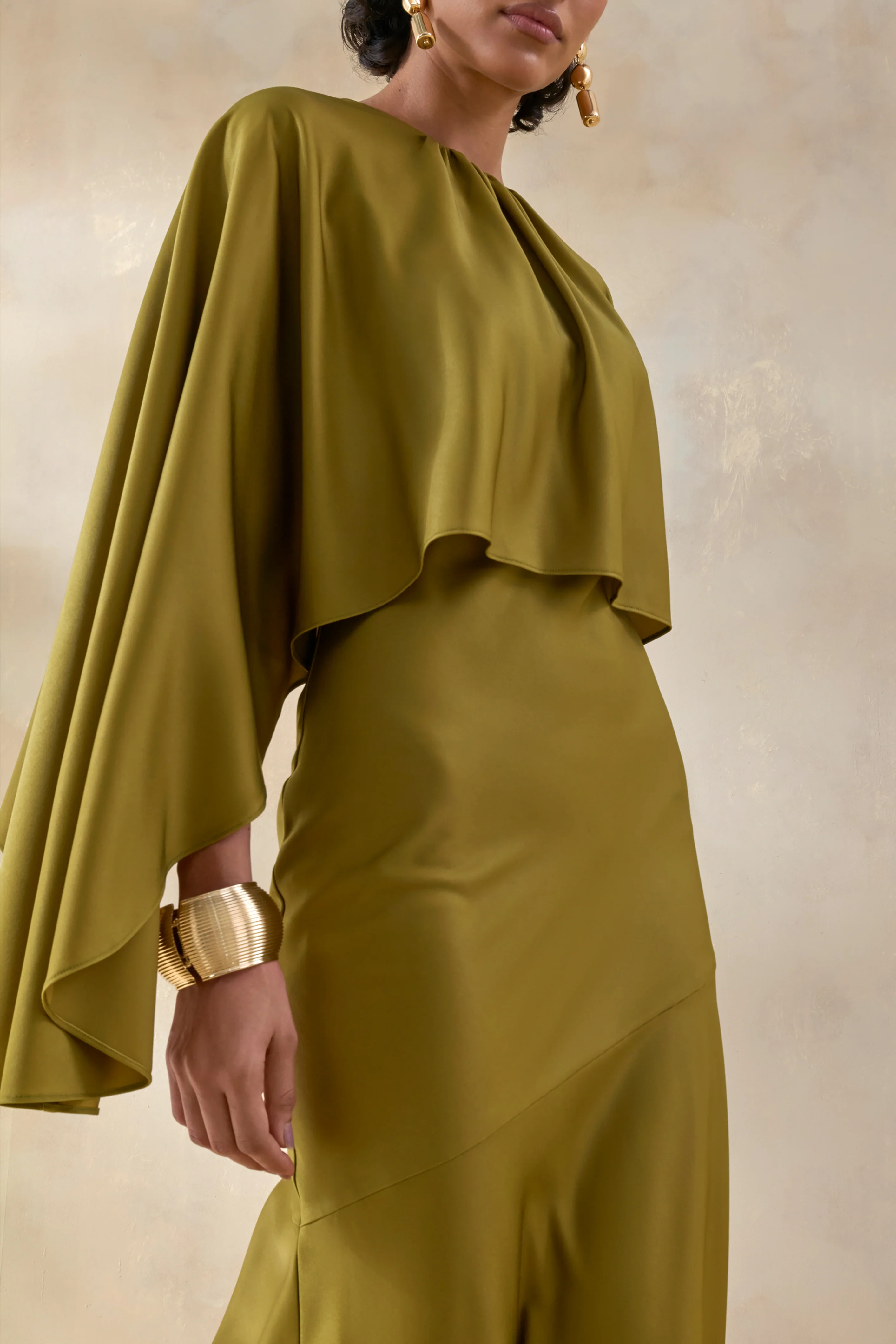 Vanthea | Olive Satin Round-Neck Maxi Dress With Cape-Sleeves - Image 3