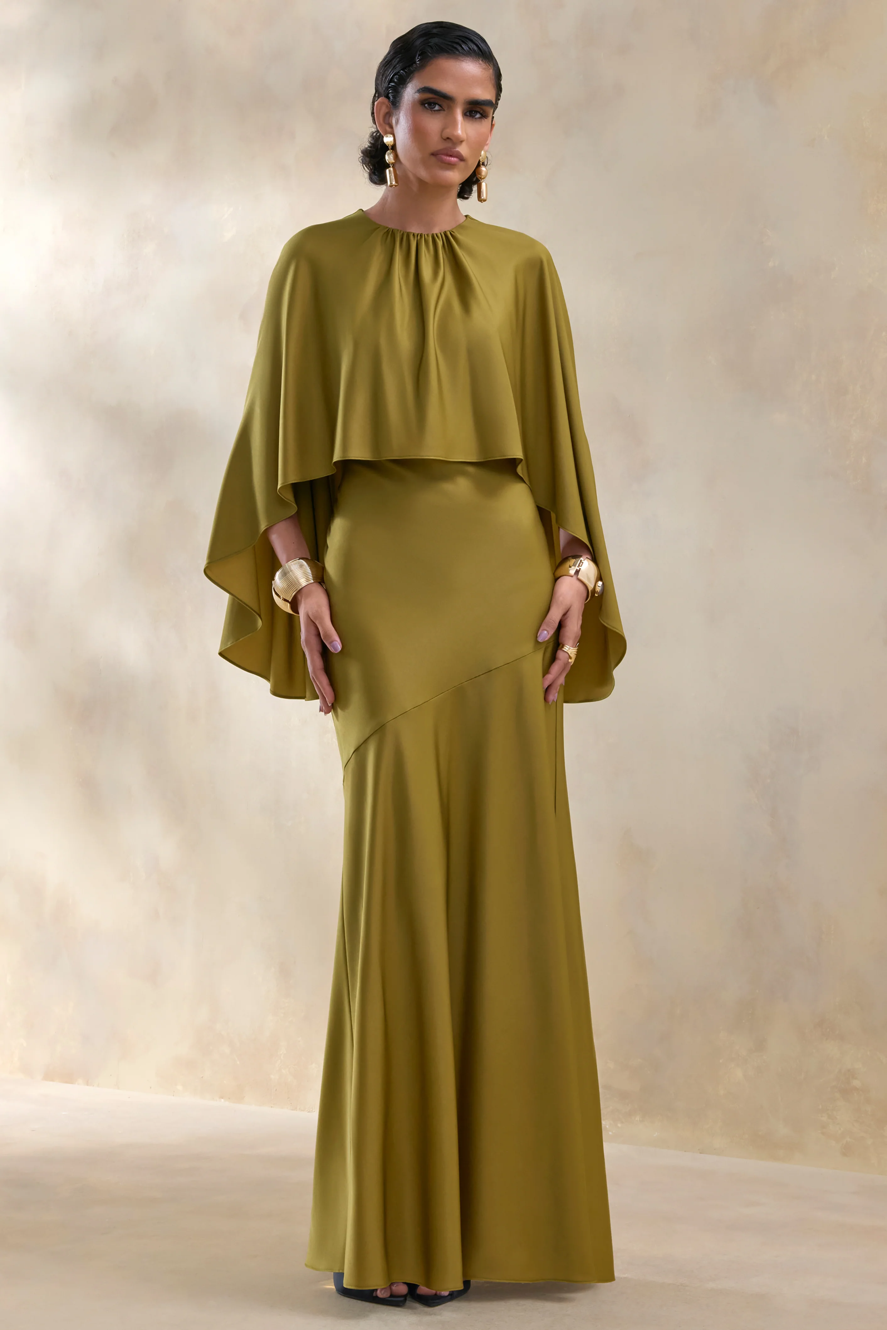 Vanthea | Olive Satin Round-Neck Maxi Dress With Cape-Sleeves - Image 4