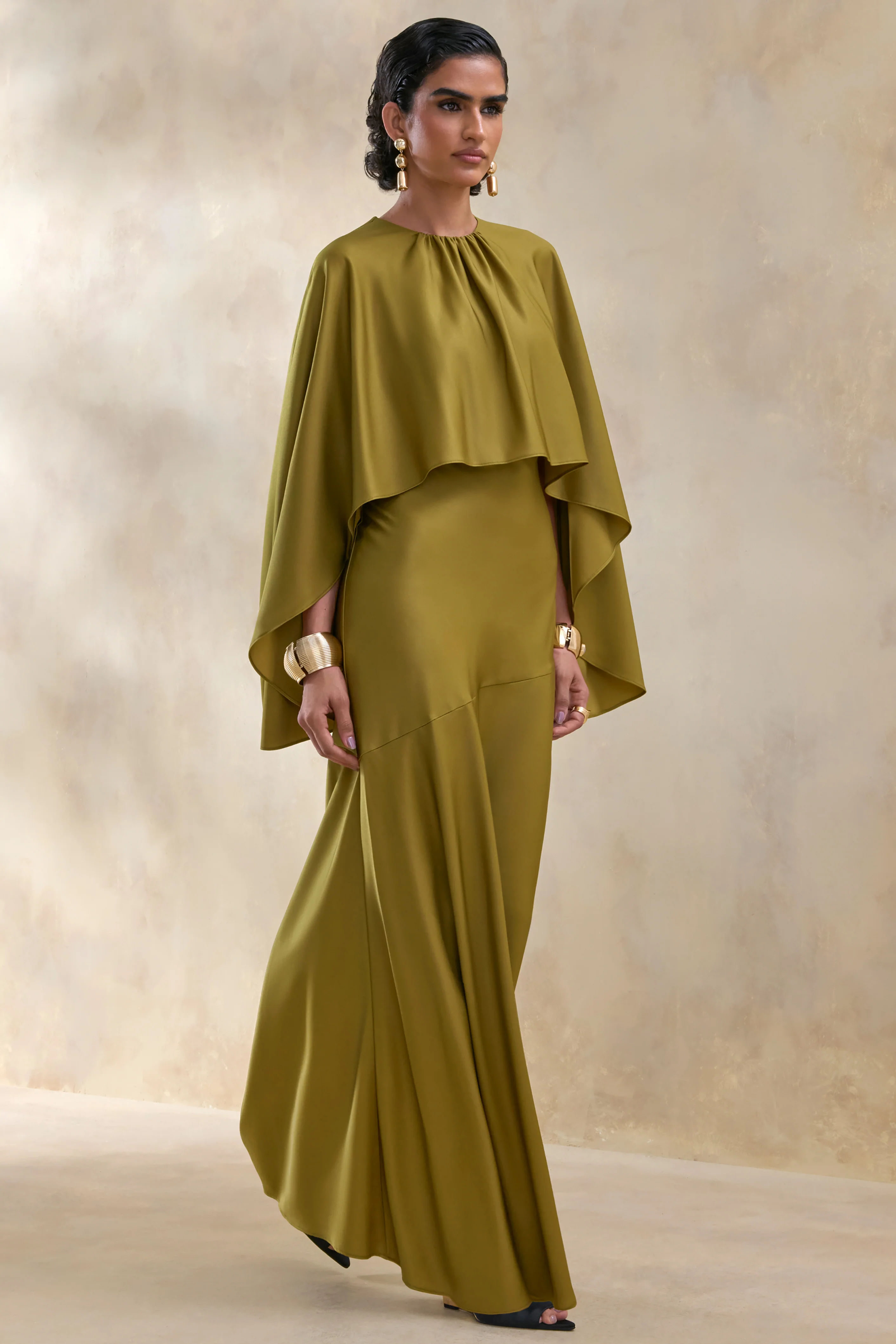 Vanthea | Olive Satin Round-Neck Maxi Dress With Cape-Sleeves - Image 5
