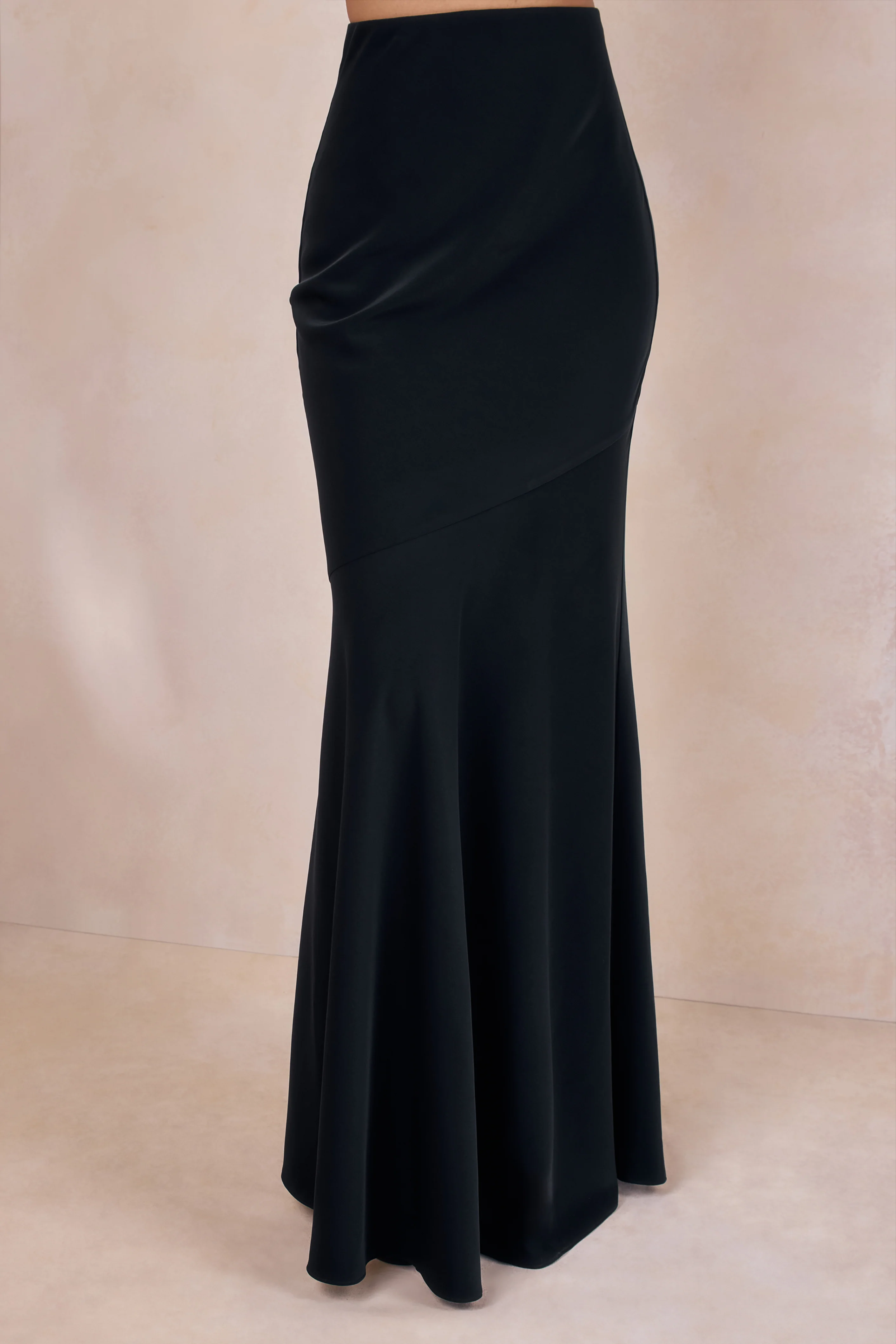 Vayla | Black Matte Satin Asymmetric Drop-Waist Maxi Skirt - Image 3