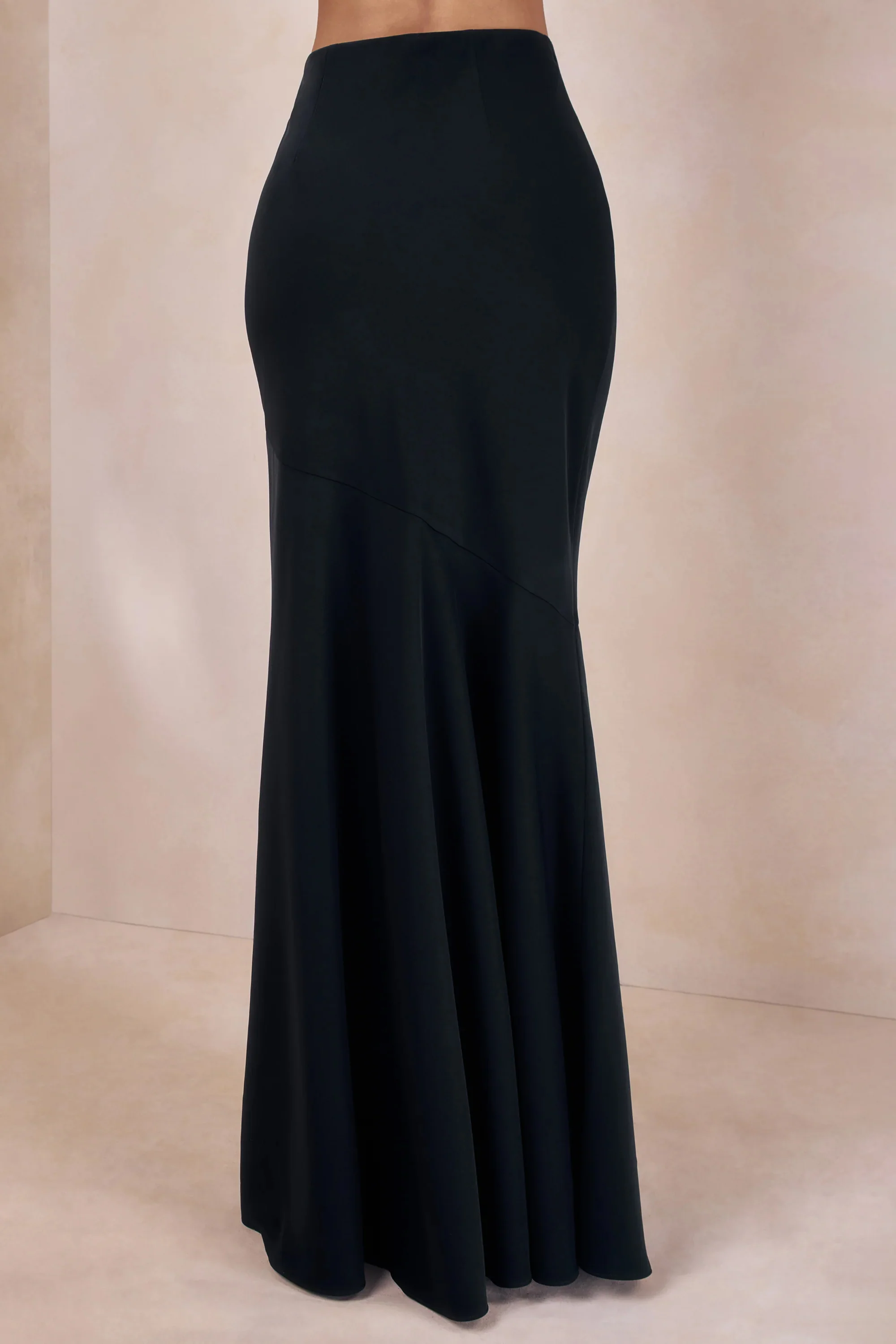 Vayla | Black Matte Satin Asymmetric Drop-Waist Maxi Skirt - Image 4