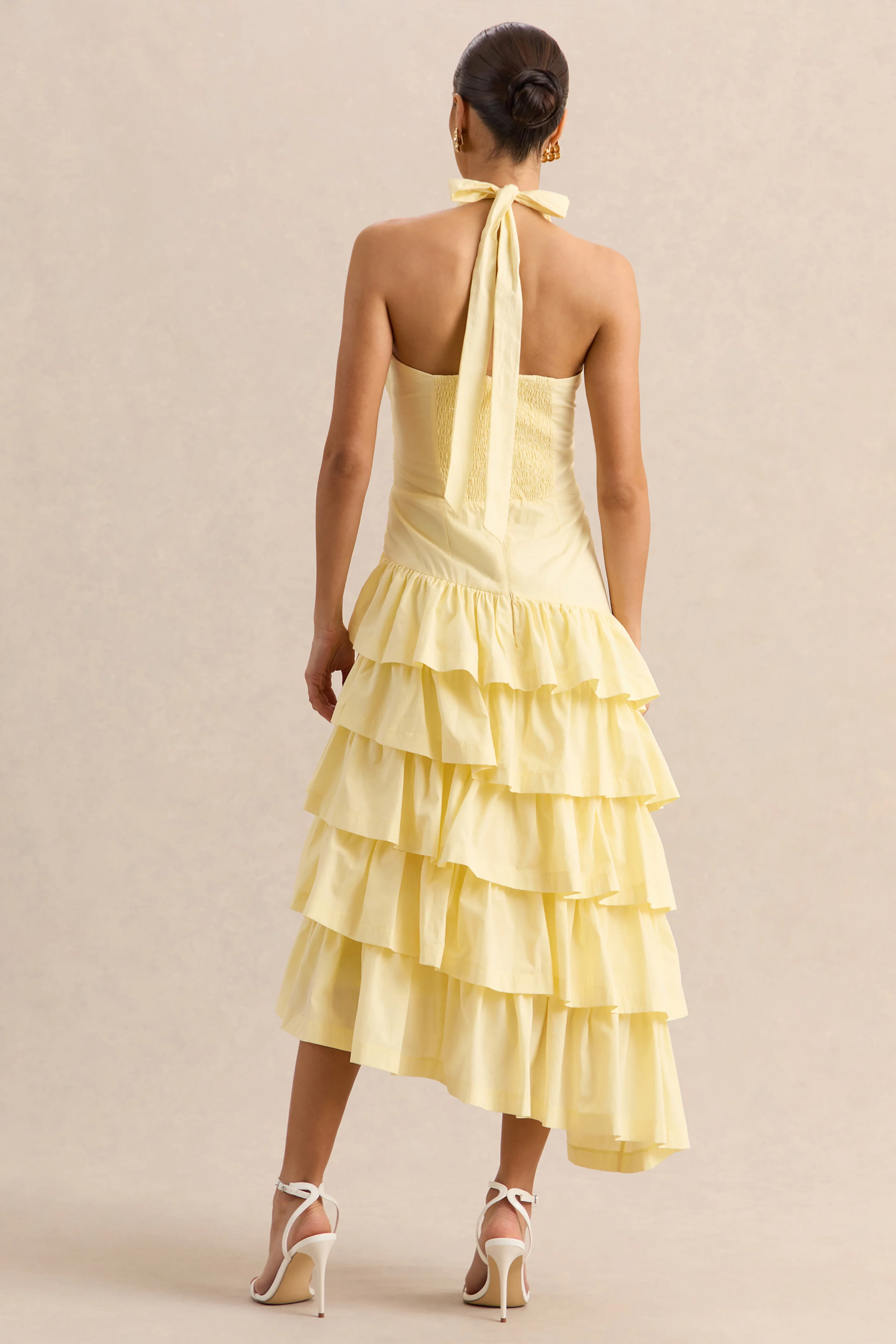 Velora | Lemon Asymmetric Midi Dress With Tiered-Ruffled Skirt - Image 2