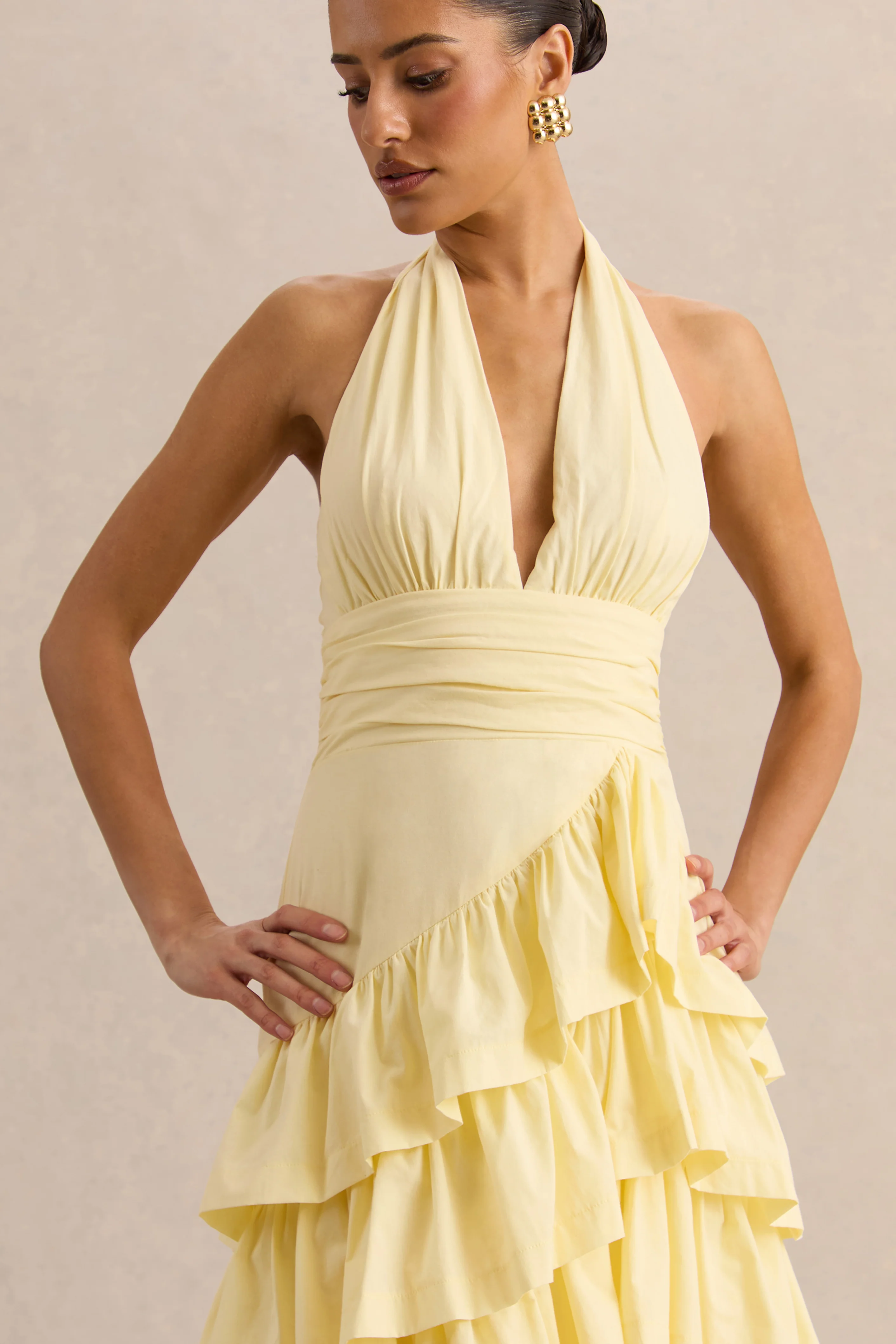 Velora | Lemon Asymmetric Midi Dress With Tiered-Ruffled Skirt - Image 3