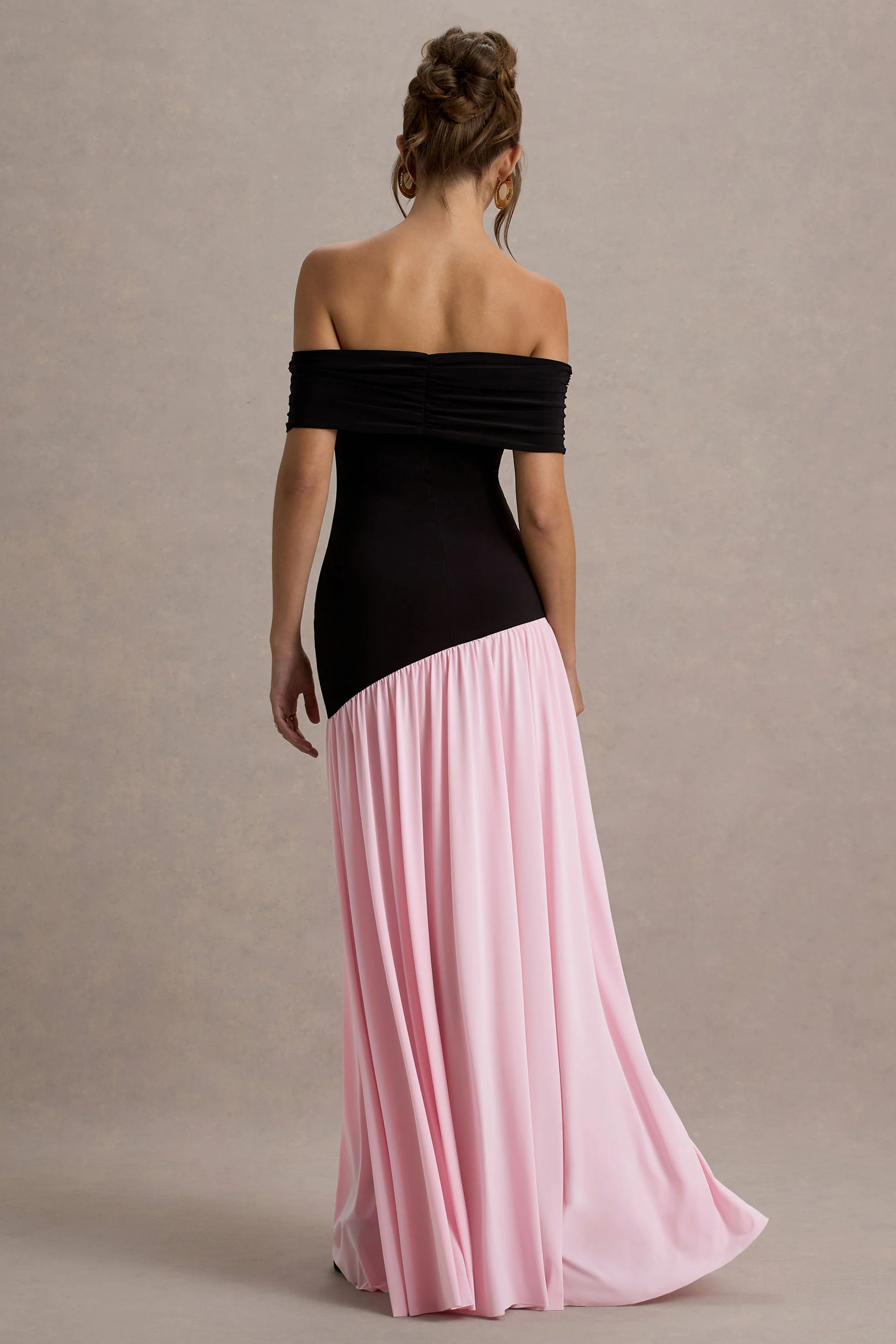 Venezia | Black & Pink Bardot Maxi Dress With Drop-Waist - Image 2