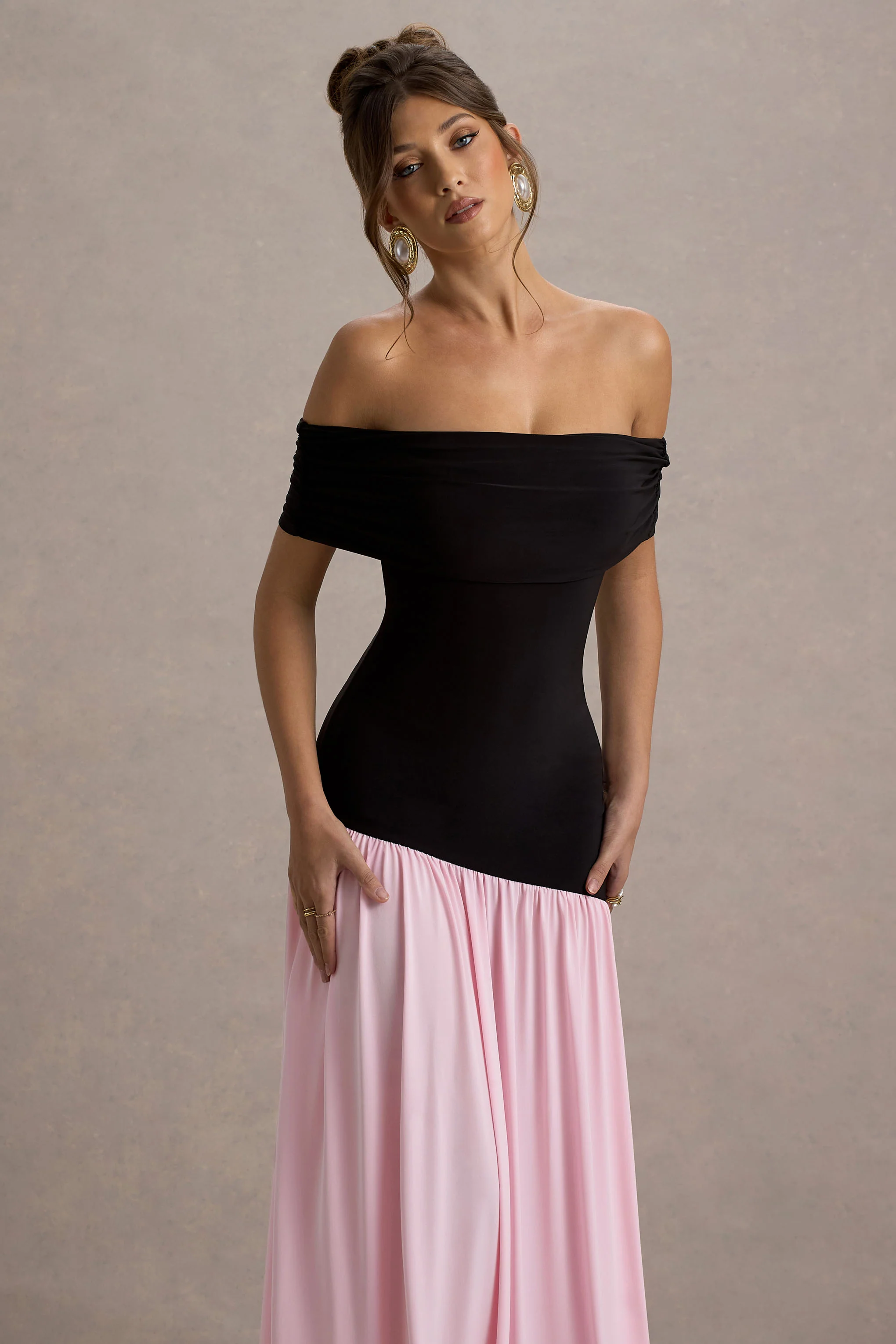 Venezia | Black & Pink Bardot Maxi Dress With Drop-Waist - Image 3
