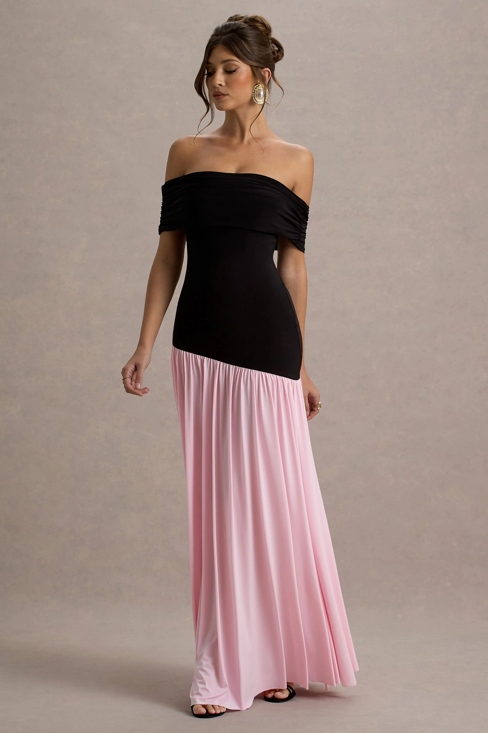 Venezia | Black & Pink Bardot Maxi Dress With Drop-Waist - Image 4