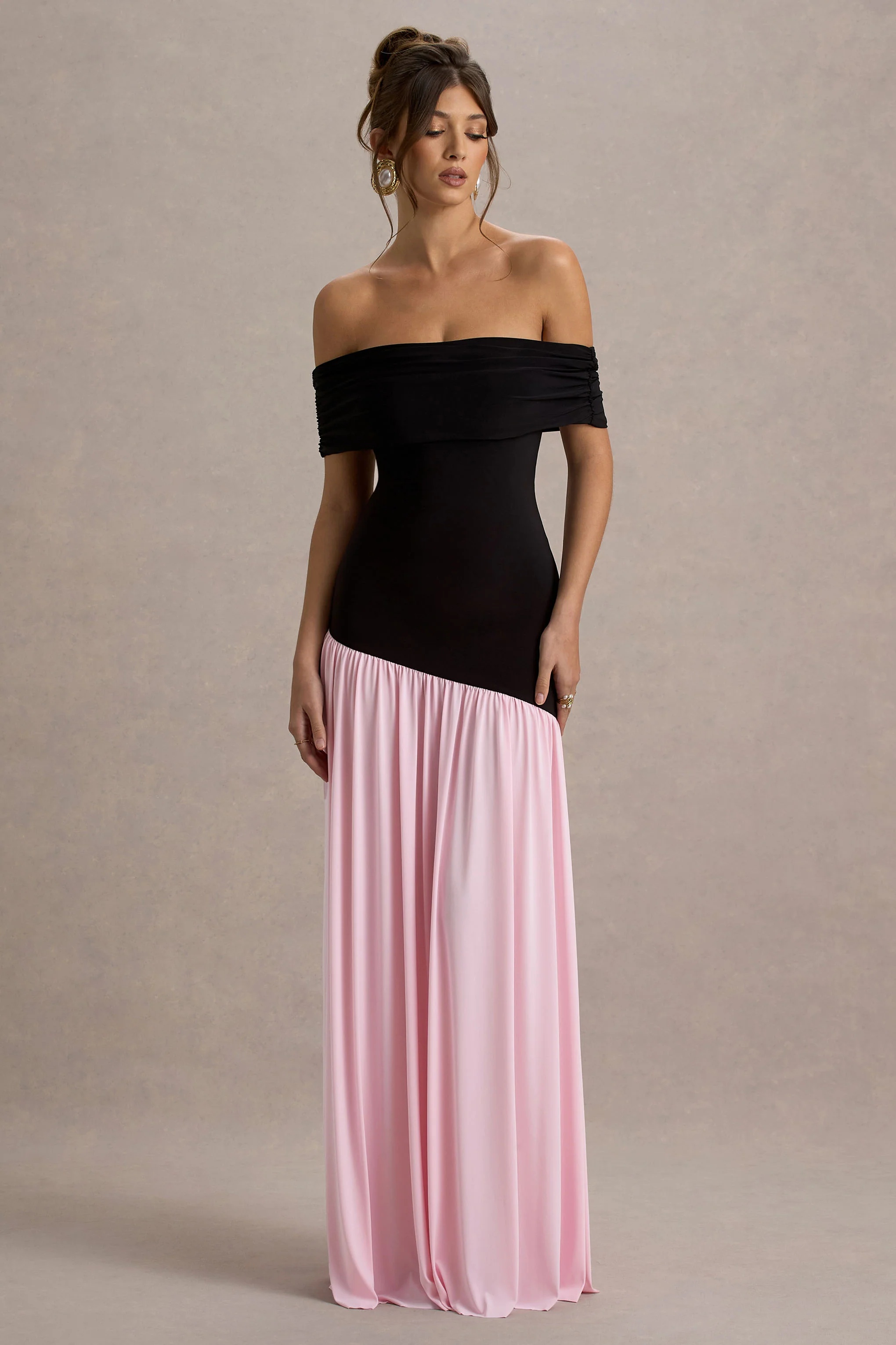Venezia | Black & Pink Bardot Maxi Dress With Drop-Waist - Image 5