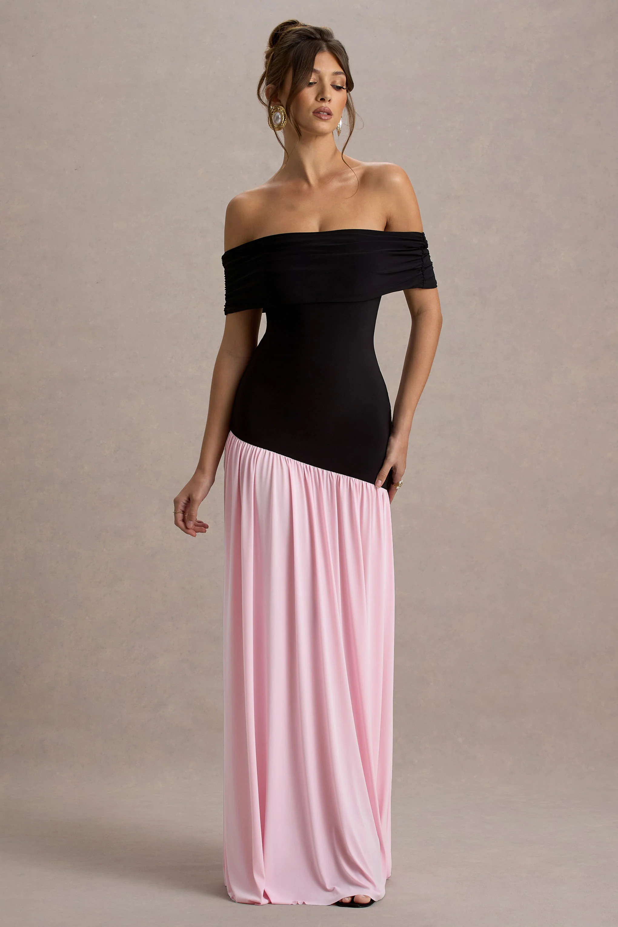 Venezia | Black & Pink Bardot Maxi Dress With Drop-Waist - Image 6