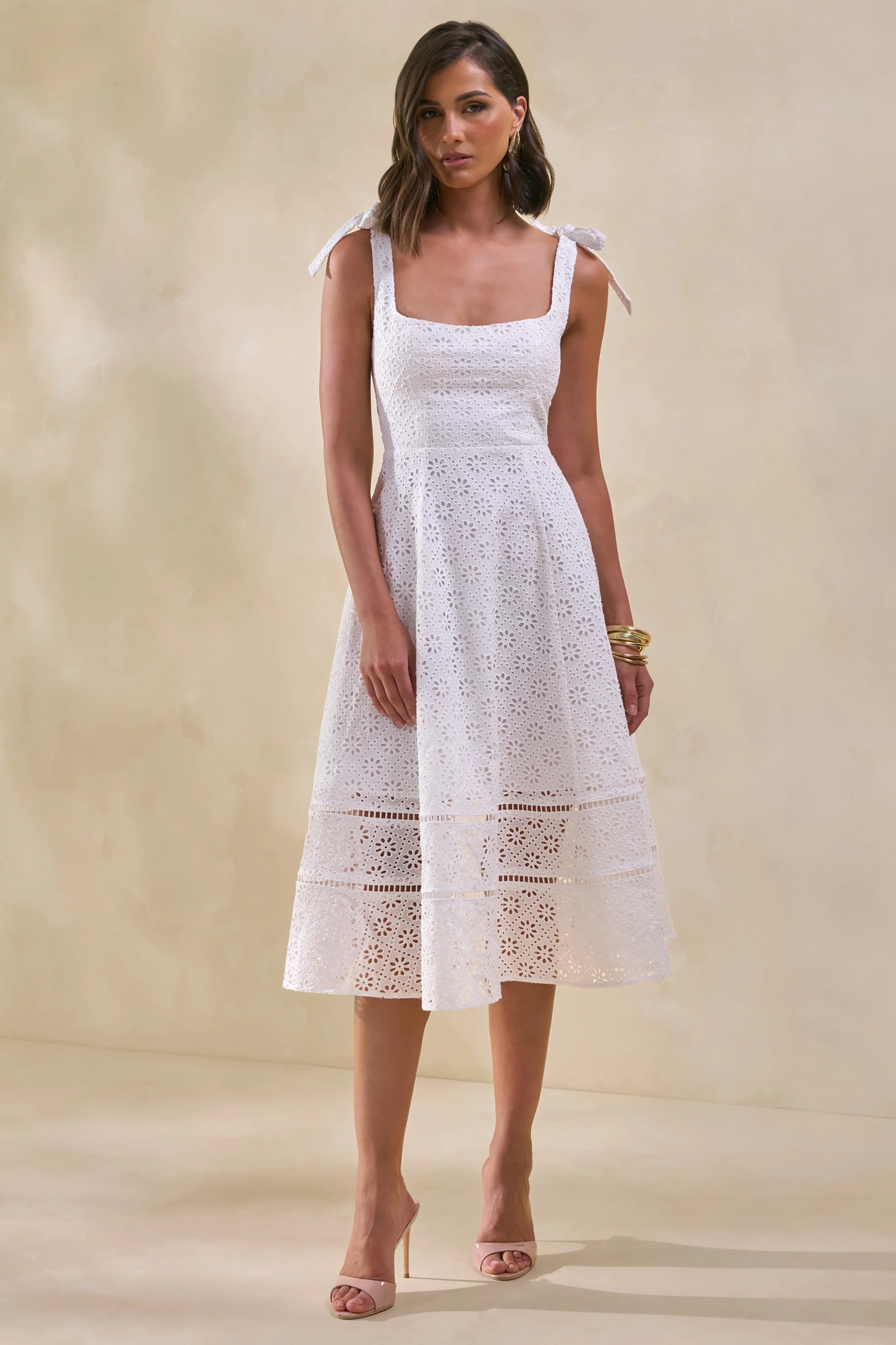Veralia | White Broderie Square-Neck Midi-Dress With Bow-Sleeves