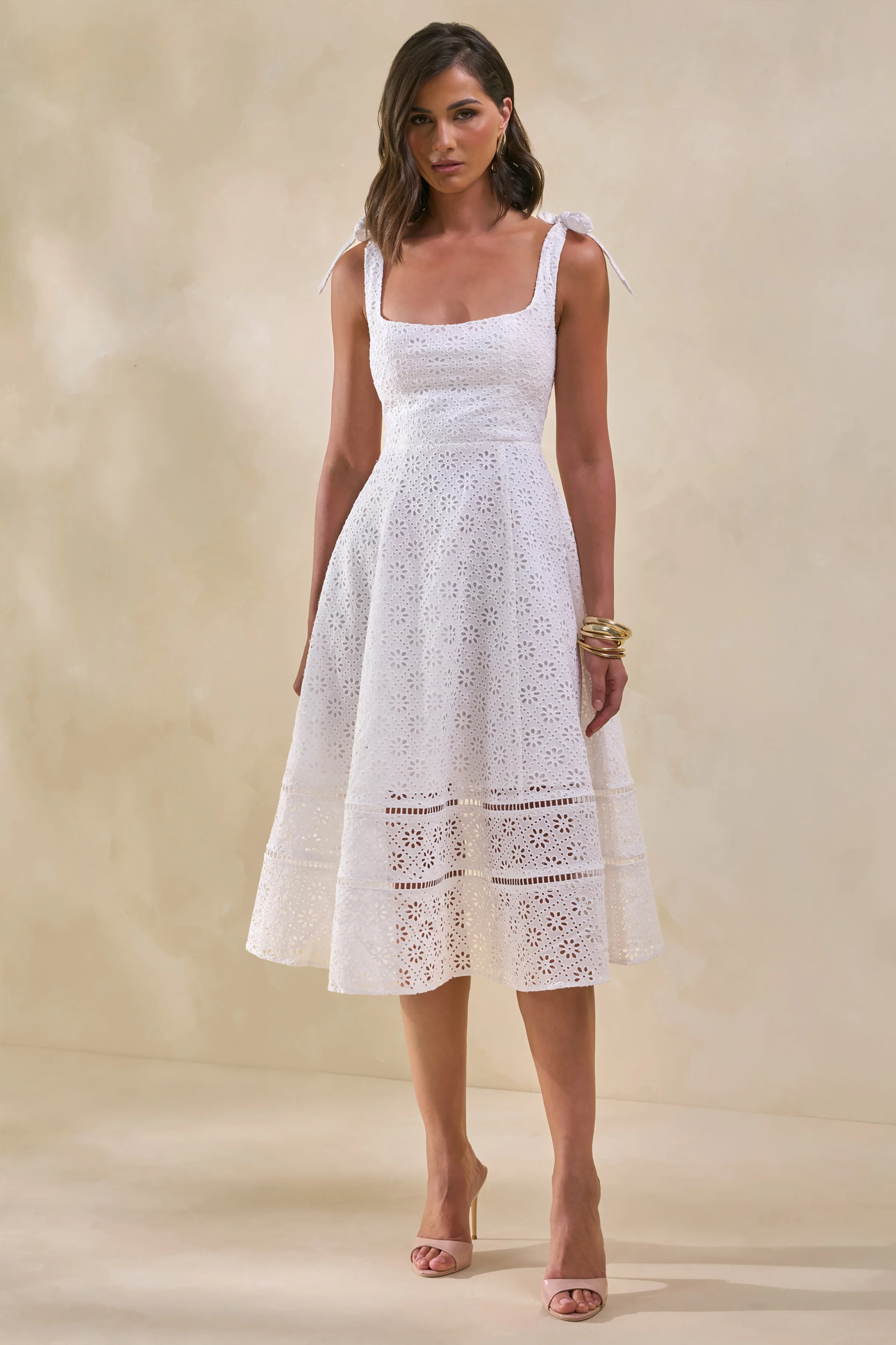 Veralia | White Broderie Square-Neck Midi-Dress With Bow-Sleeves - Image 4