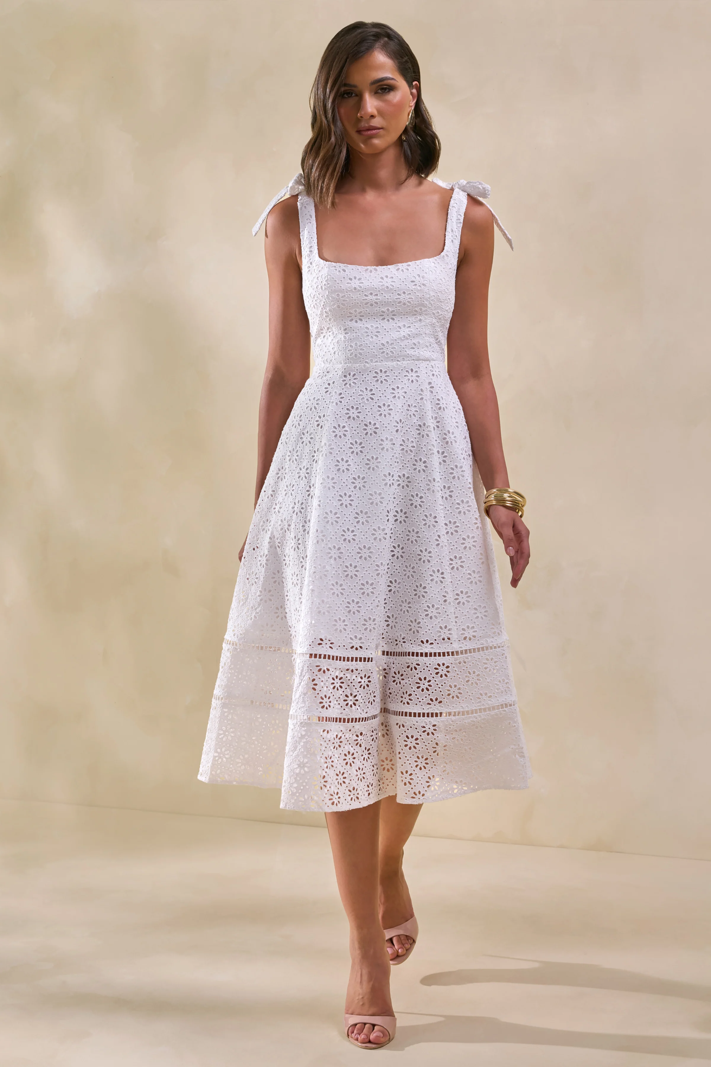 Veralia | White Broderie Square-Neck Midi-Dress With Bow-Sleeves - Image 5