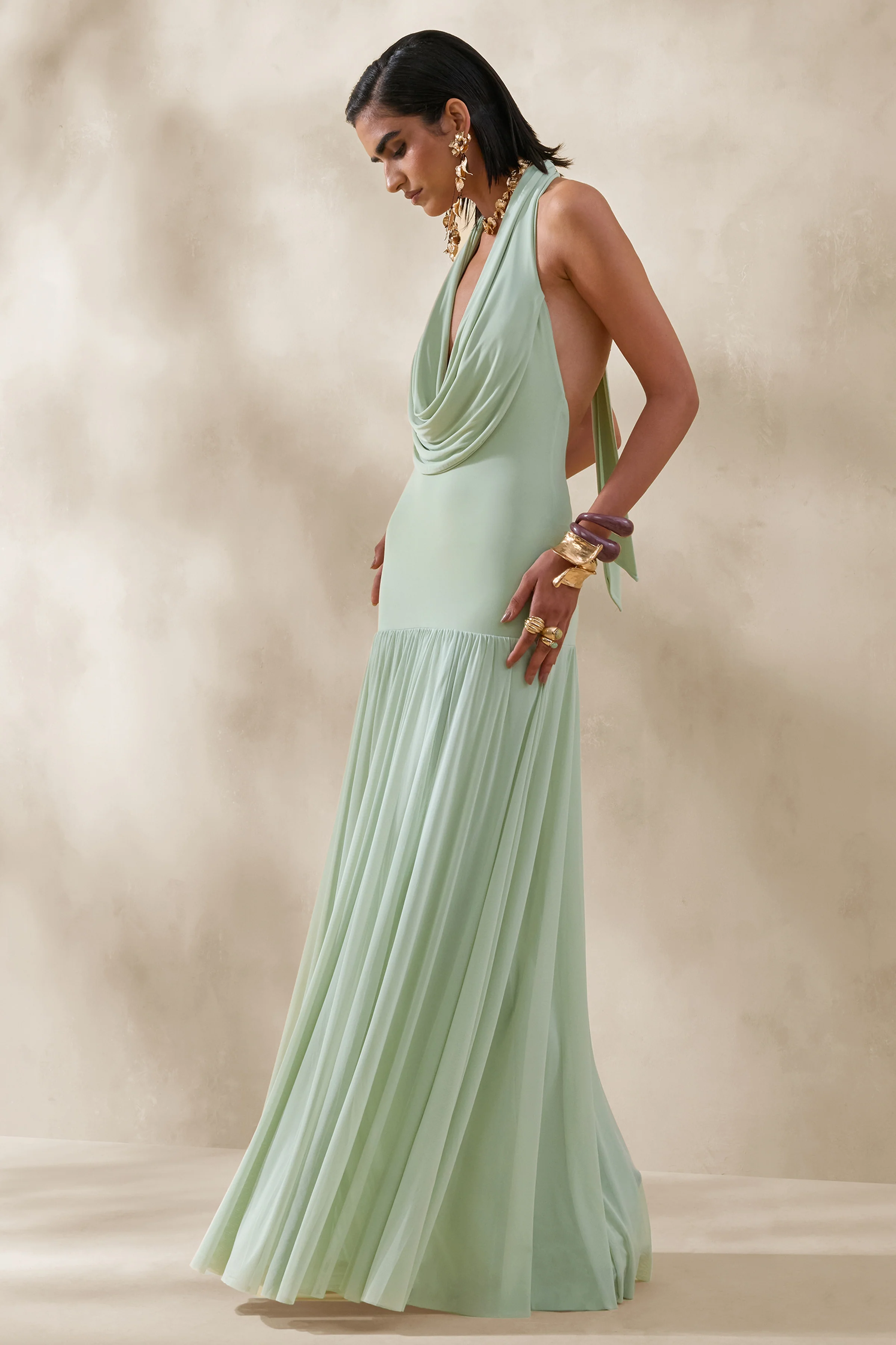 Verity | Green Cowl-Neck Maxi Dress With Sheer-Skirt - Image 4