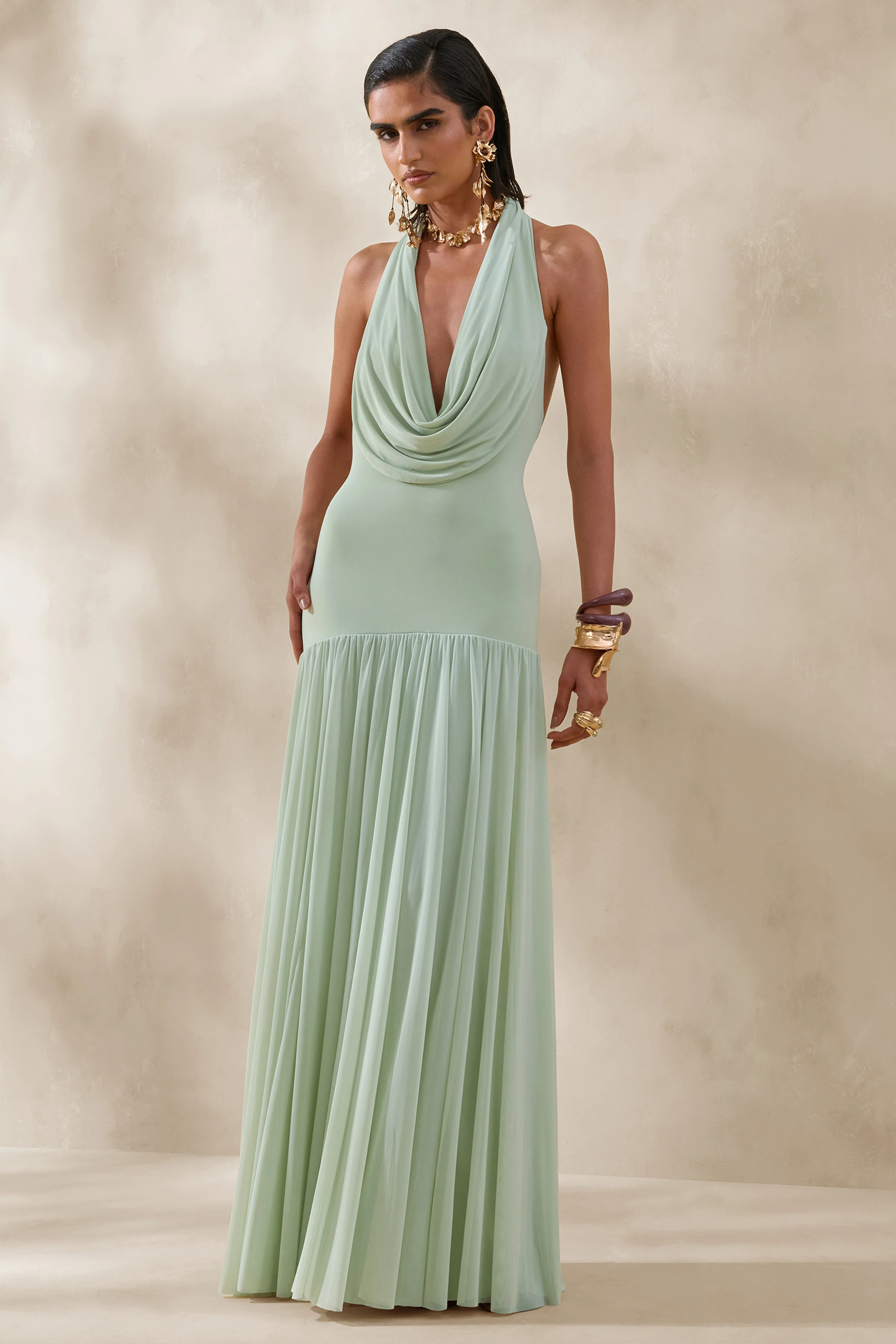 Verity | Green Cowl-Neck Maxi Dress With Sheer-Skirt - Image 5