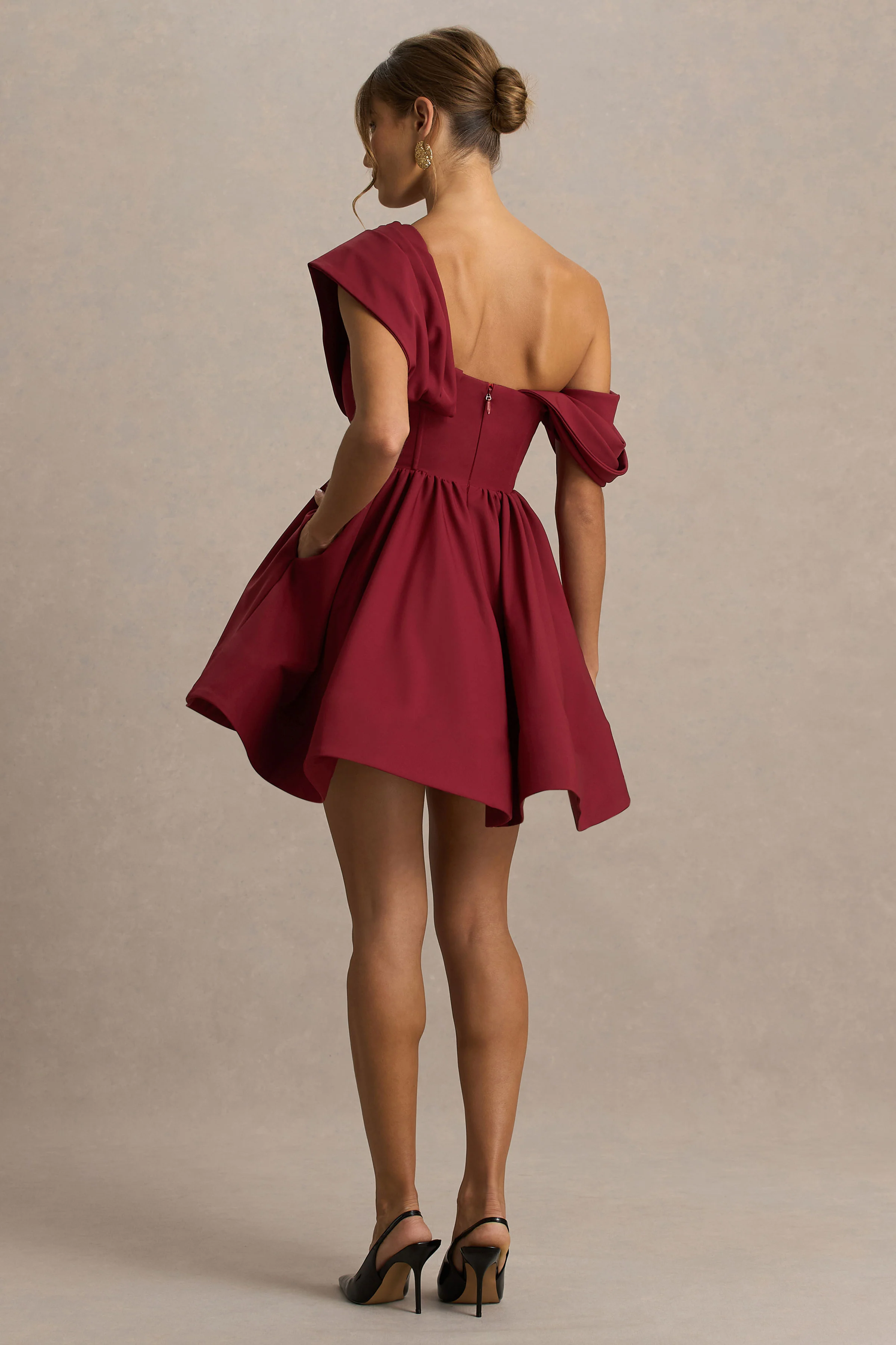 Verona | Burgundy  Draped Asymmetric-Neck Skater Mini Dress - Image 2