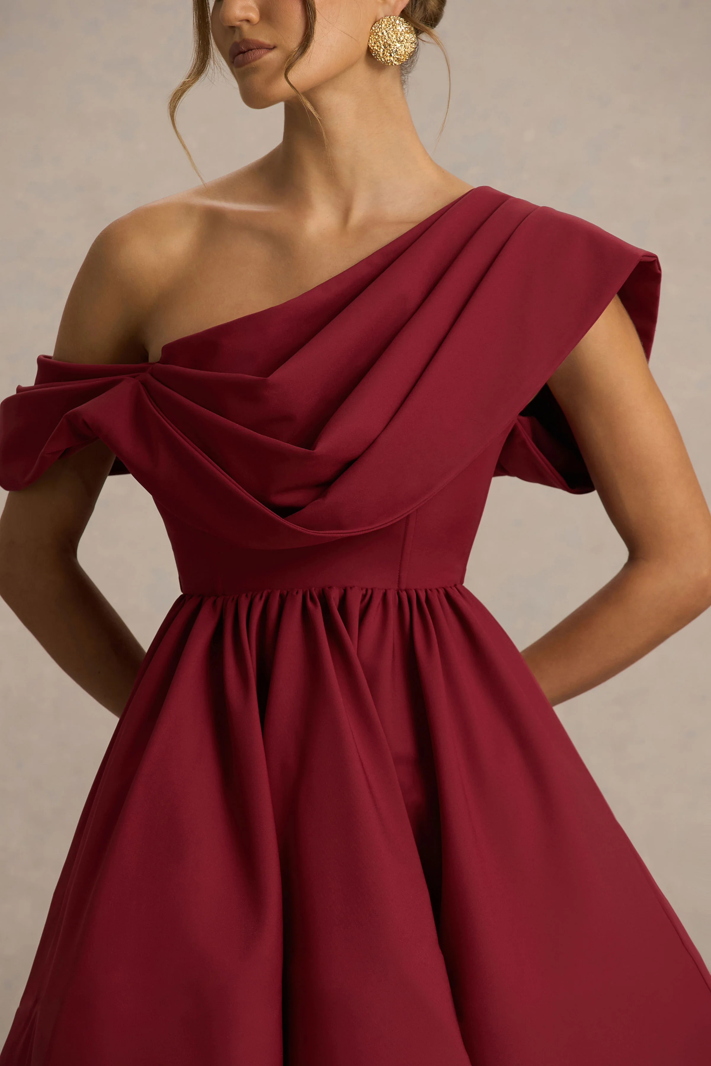 Verona | Burgundy  Draped Asymmetric-Neck Skater Mini Dress - Image 3
