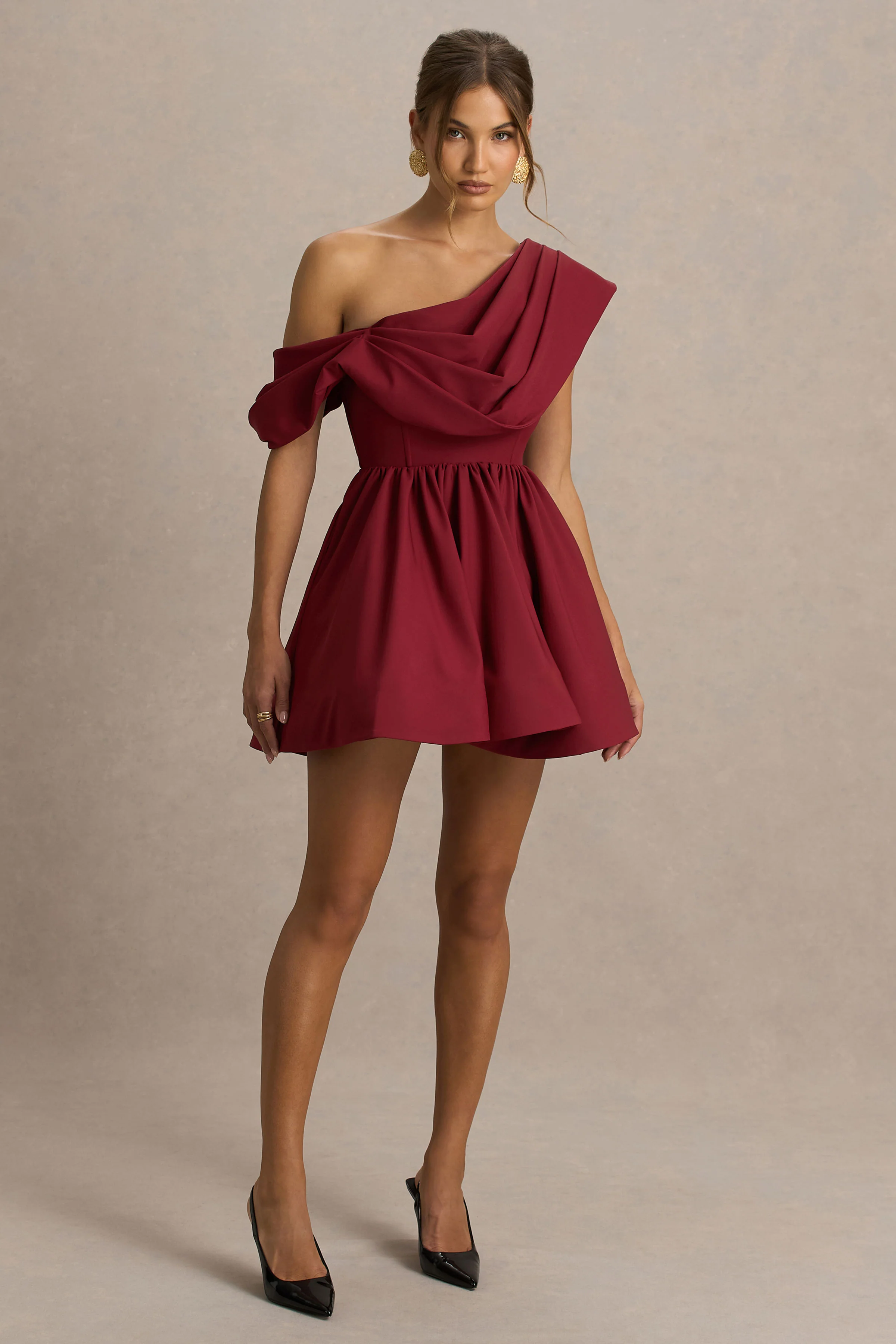 Verona | Burgundy  Draped Asymmetric-Neck Skater Mini Dress - Image 4