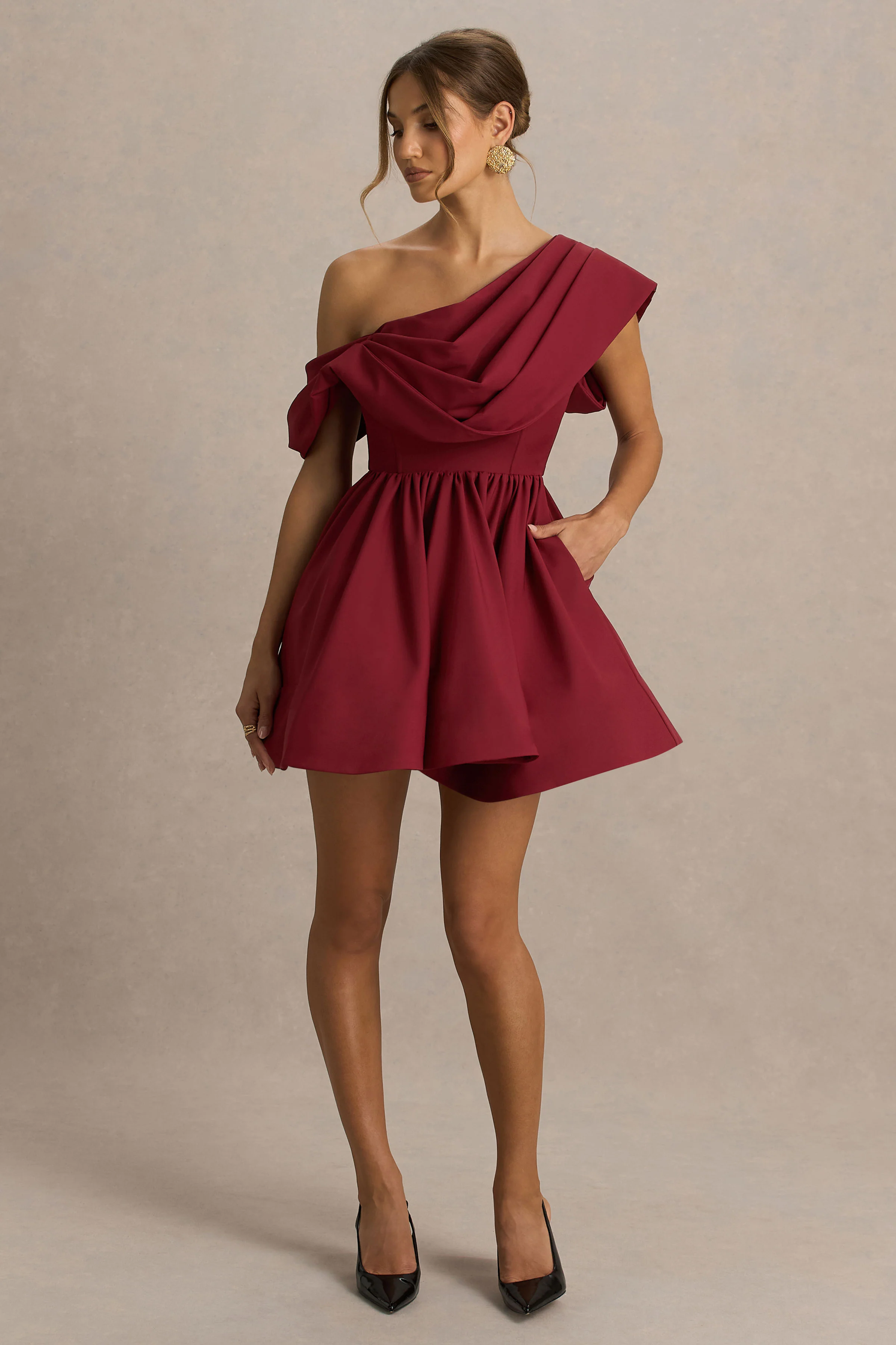 Verona | Burgundy  Draped Asymmetric-Neck Skater Mini Dress - Image 5