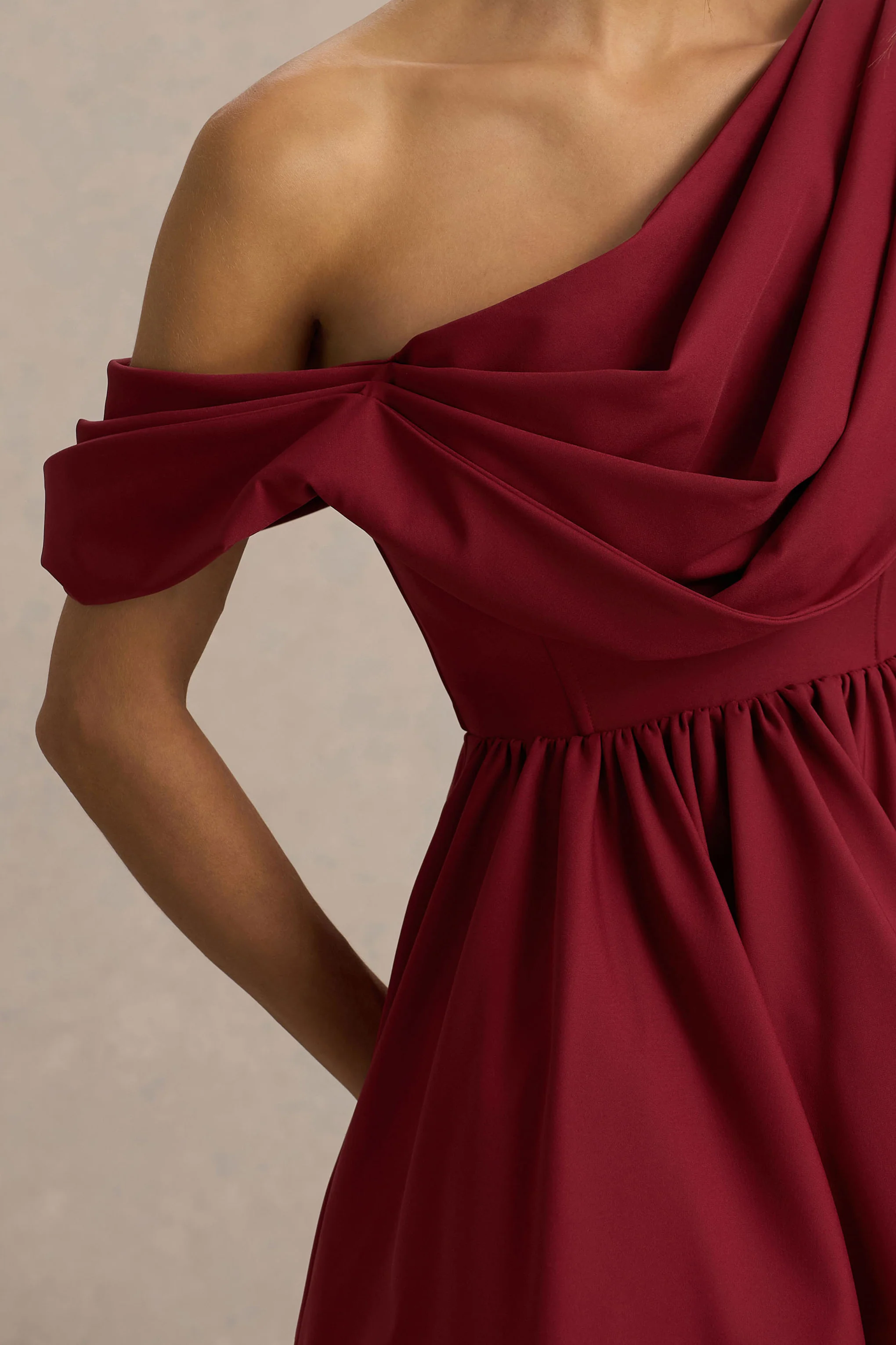 Verona | Burgundy  Draped Asymmetric-Neck Skater Mini Dress - Image 6