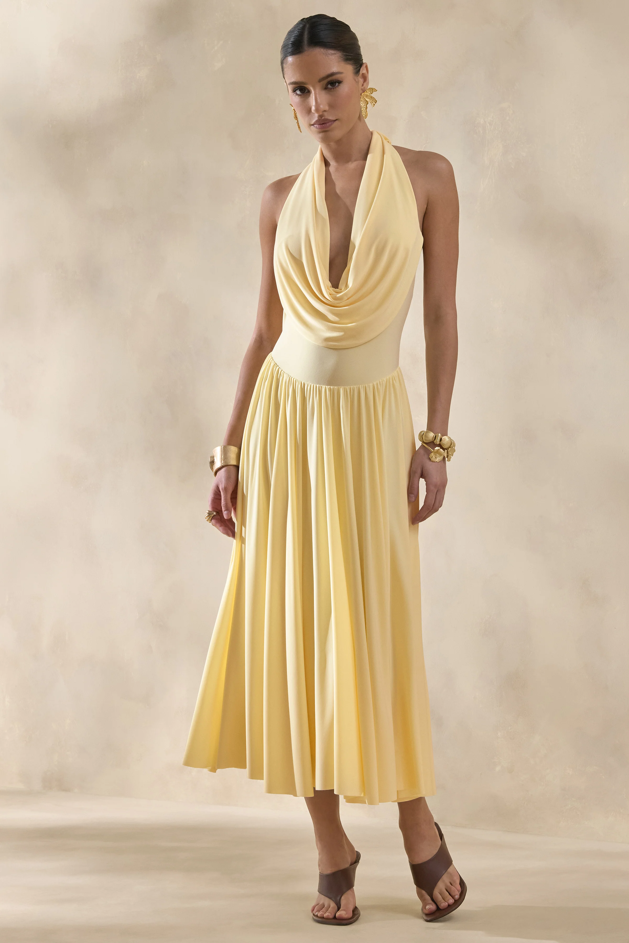Veyra | Lemon Plunge Cowl-Neck Midi Dress - Image 5