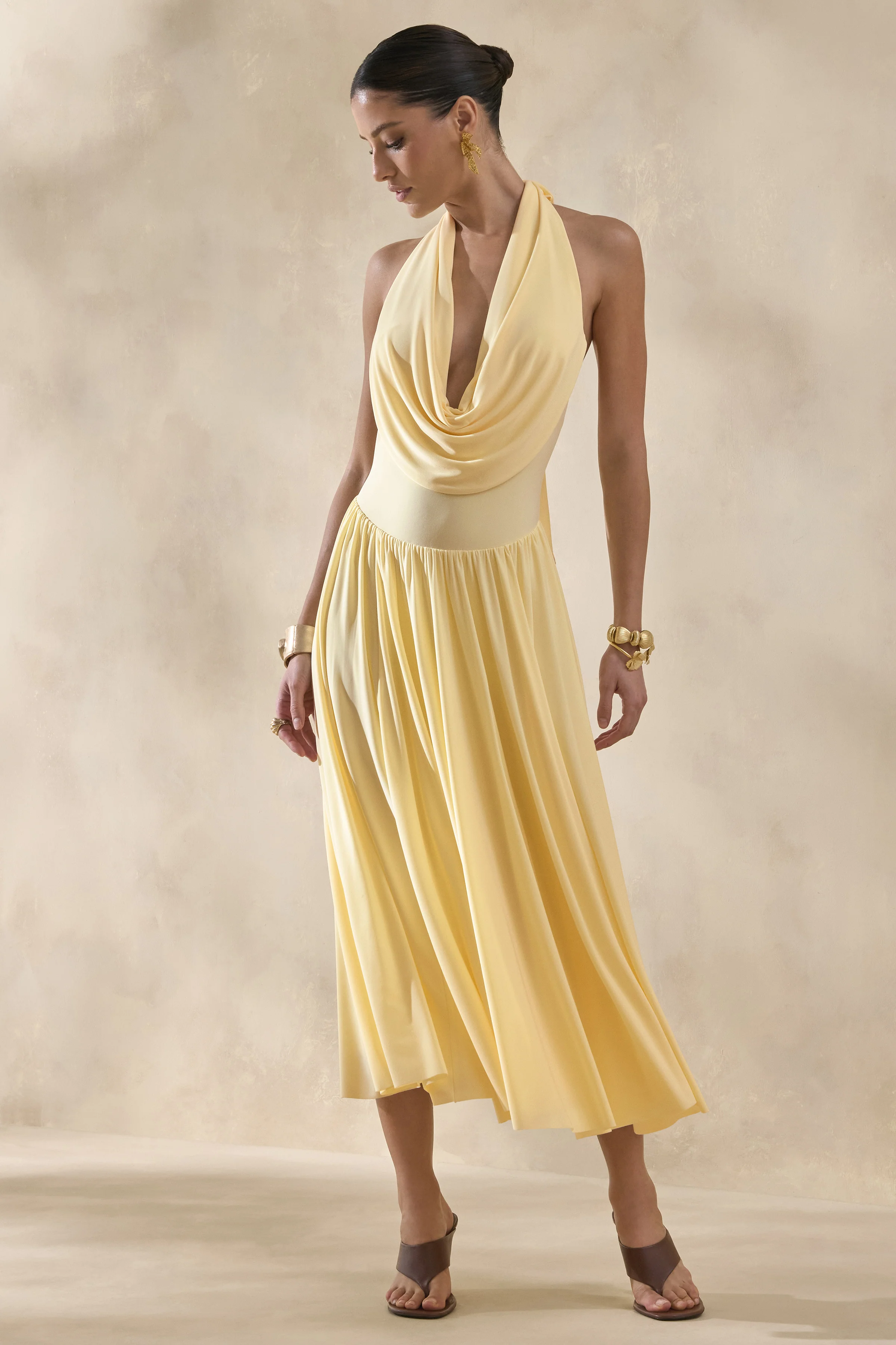 Veyra | Lemon Plunge Cowl-Neck Midi Dress - Image 6