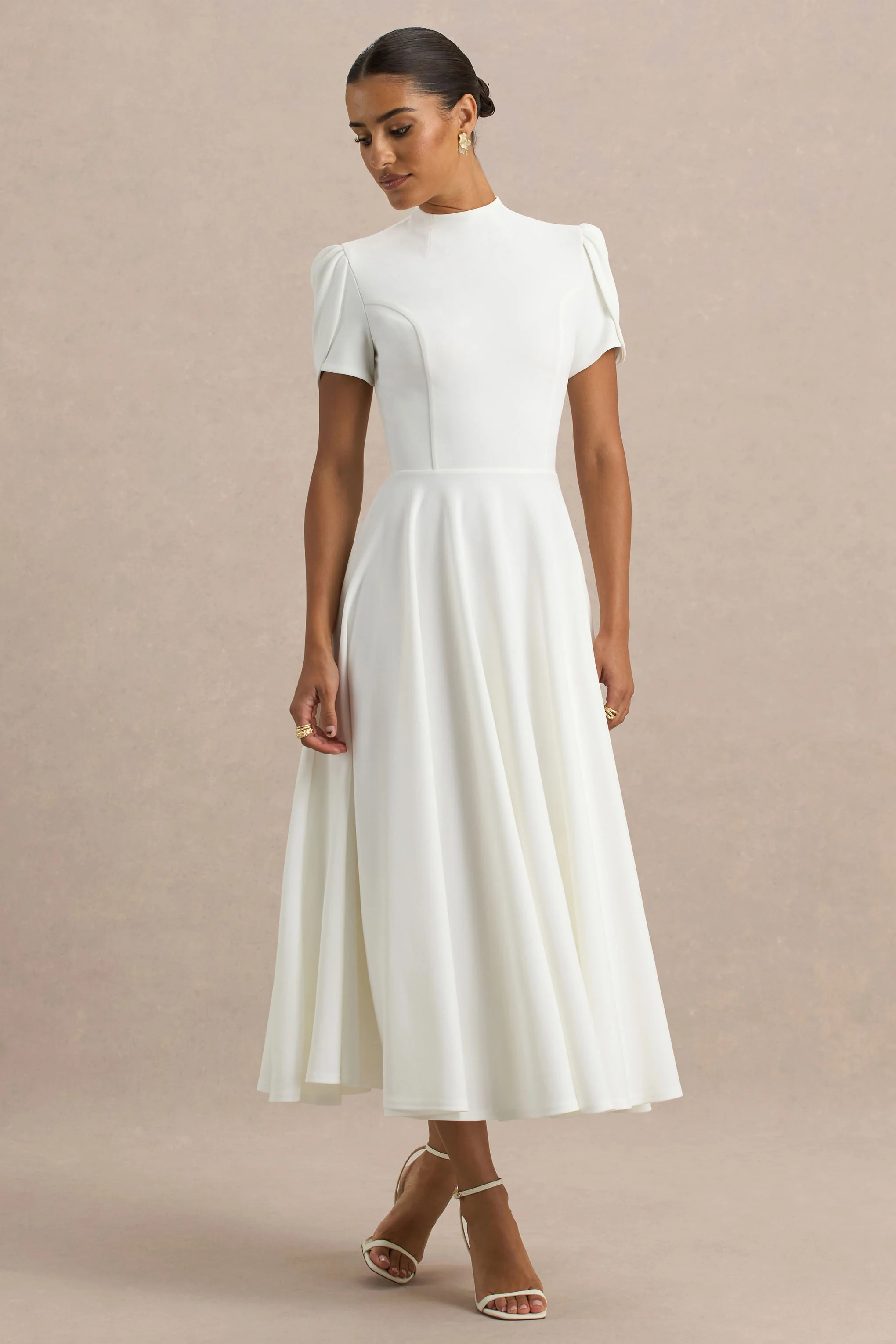 Vicky | White High Neck Midi Dress With Puff Sleeves - Image 3