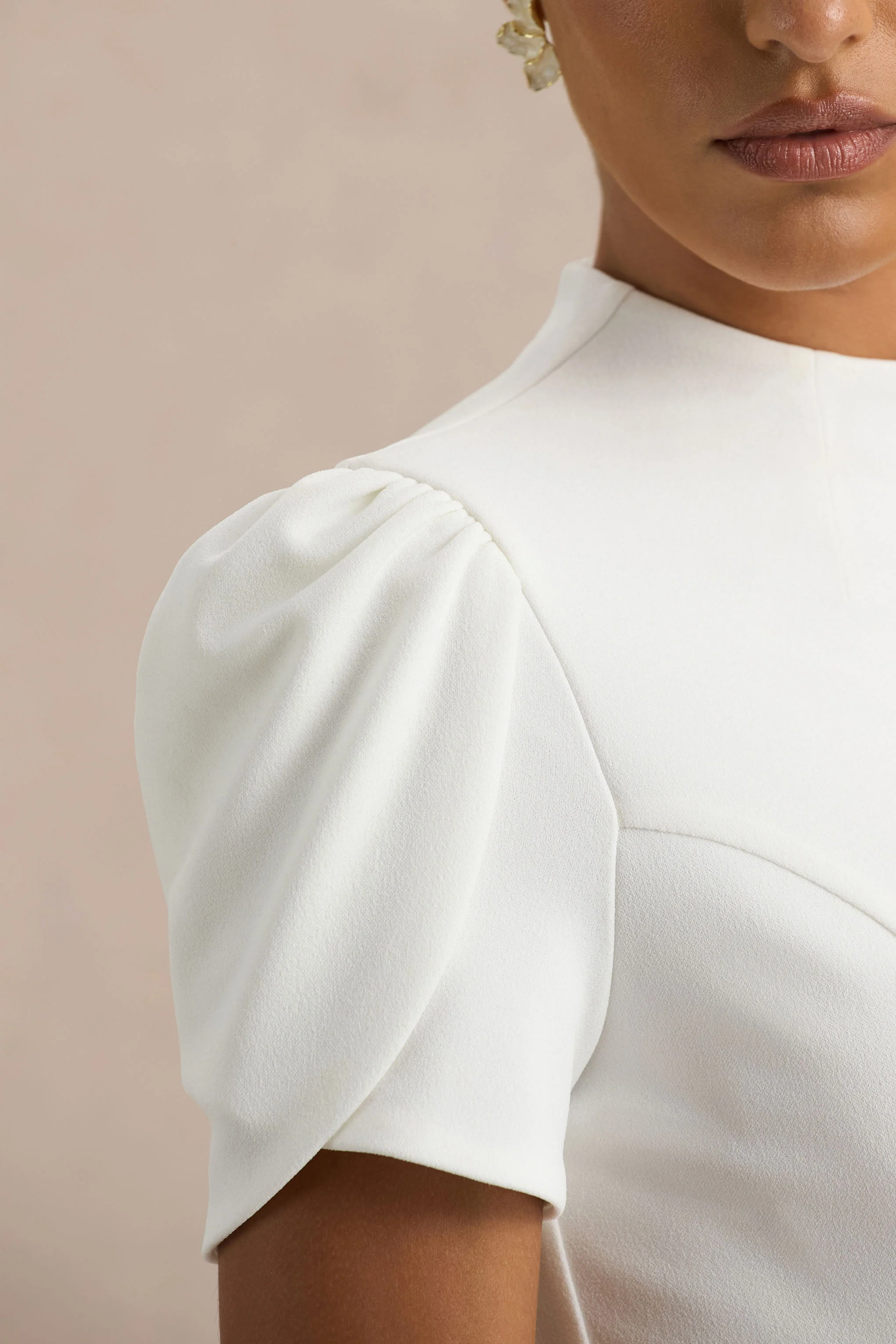 Vicky | White High Neck Midi Dress With Puff Sleeves - Image 6