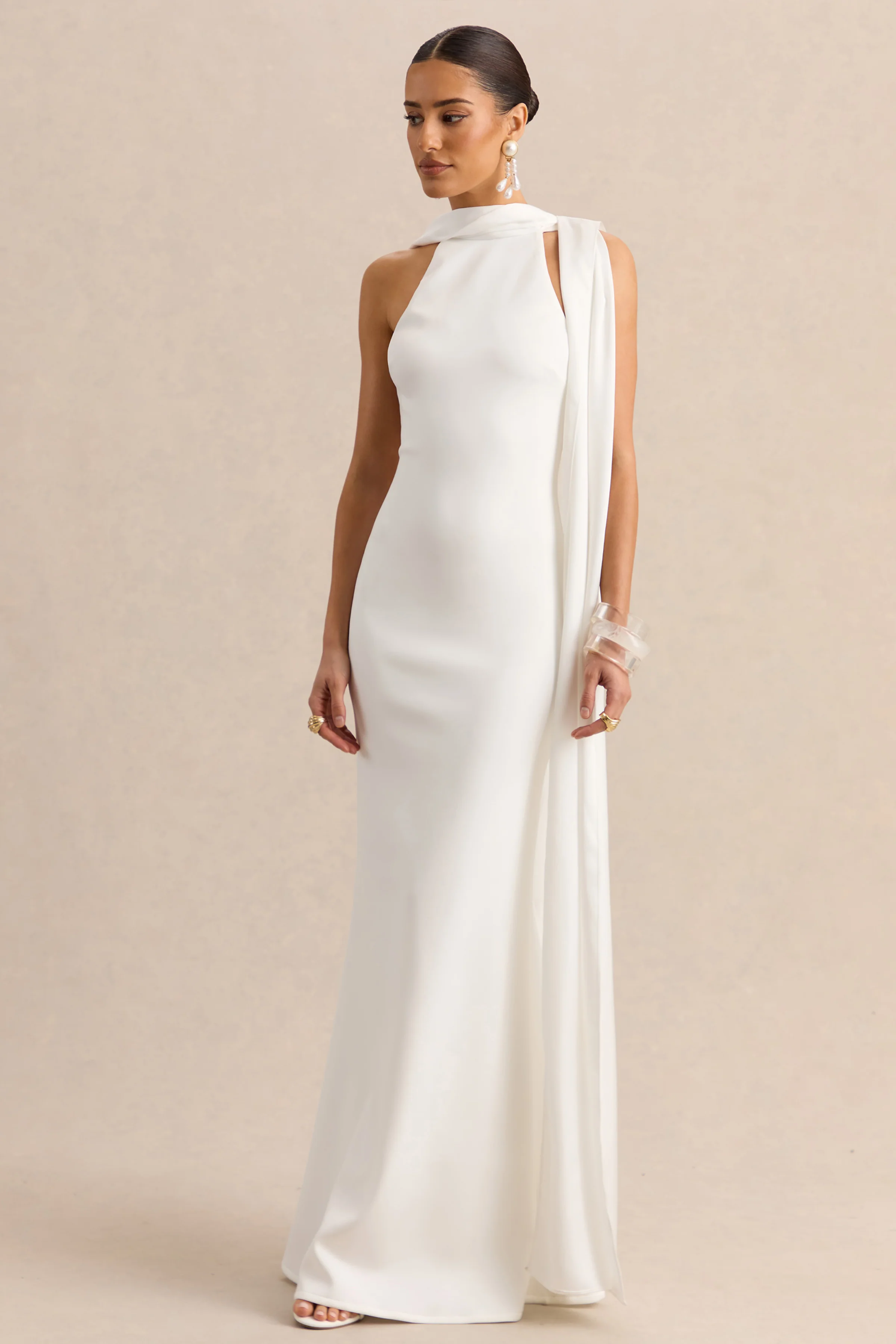 Vionette | White High-Neck Maxi Dress With Scarf - Image 6