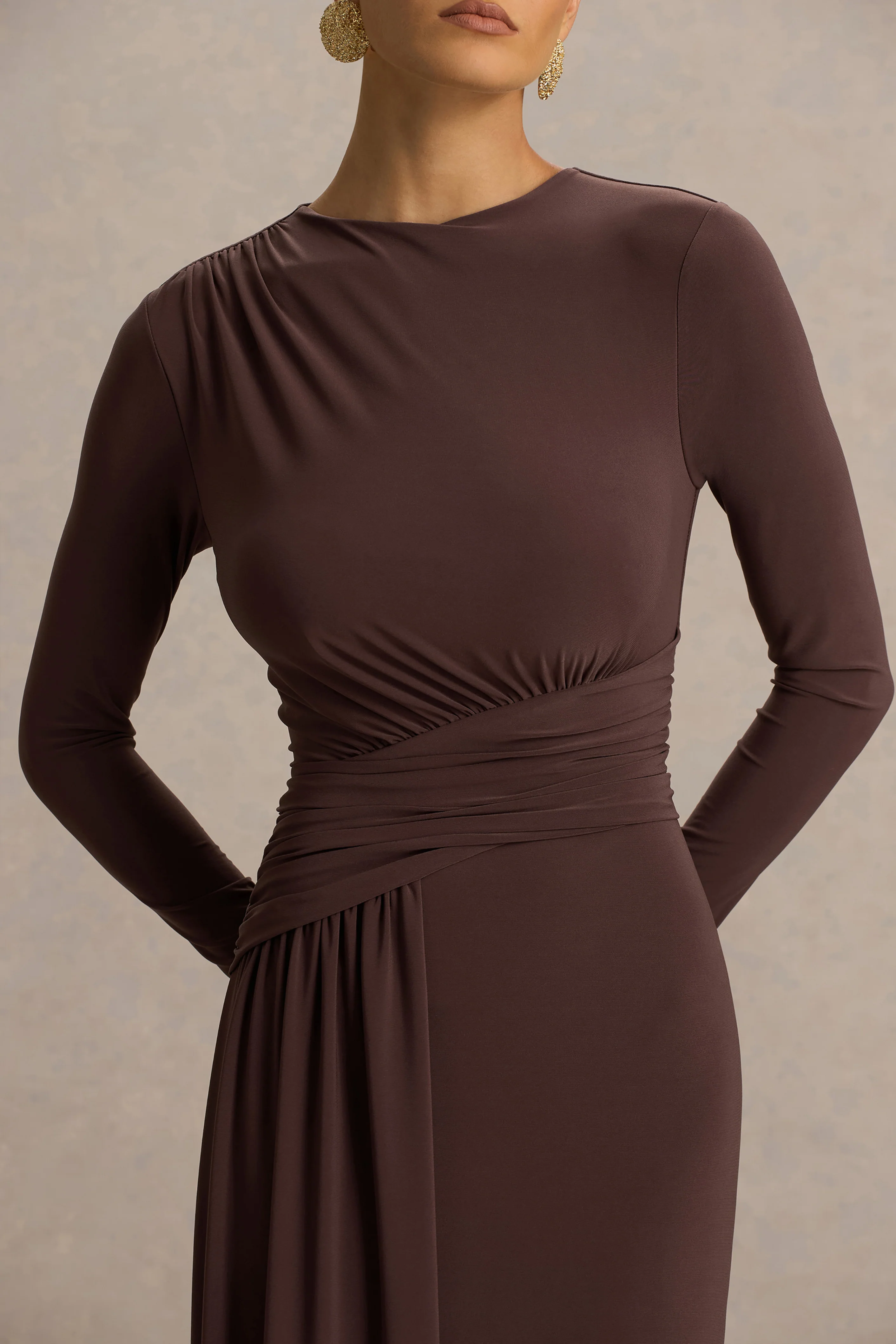 Virelle | Brown Boat-Neck Maxi Dress With Wrap Detail And Sash - Image 3