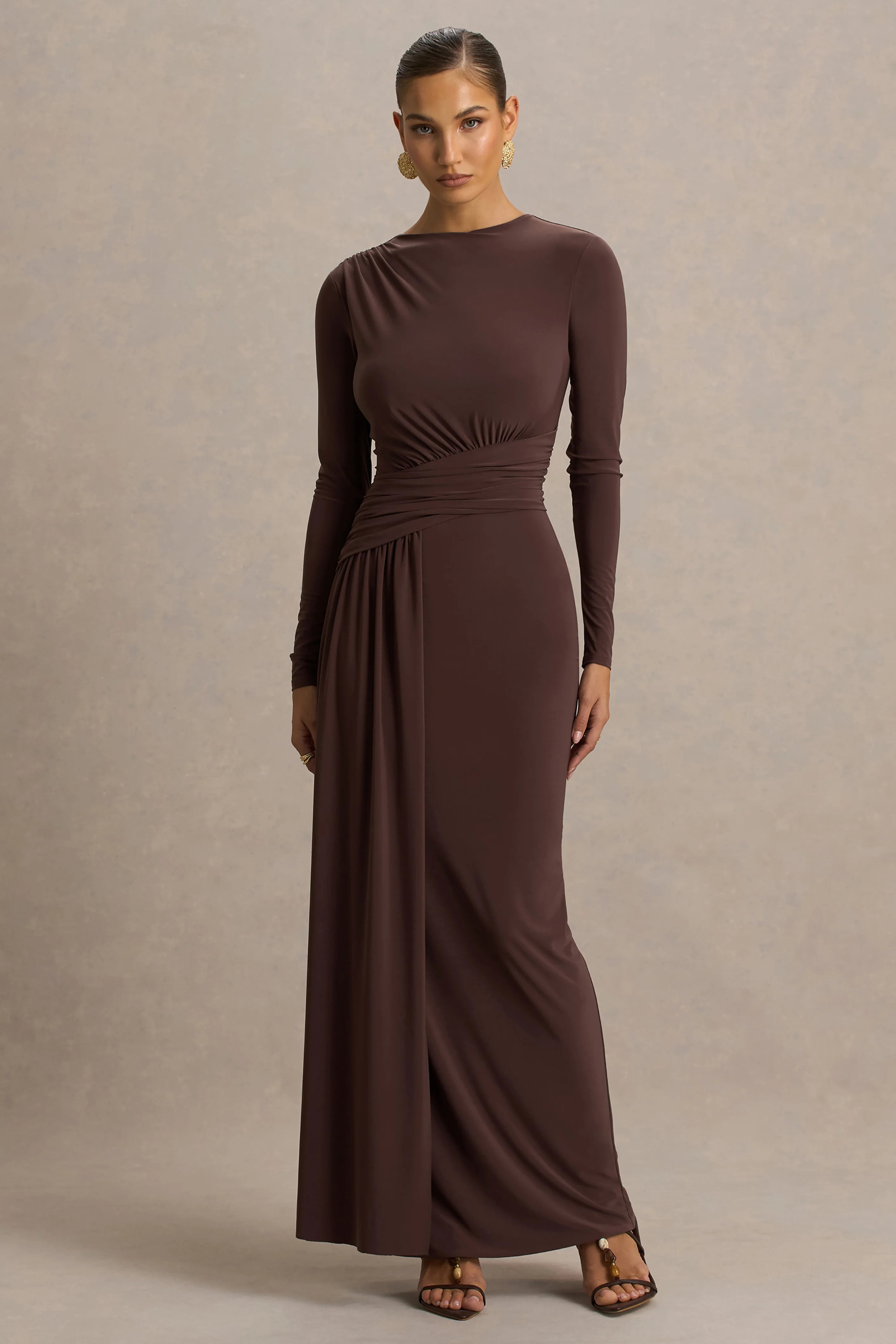 Virelle | Brown Boat-Neck Maxi Dress With Wrap Detail And Sash - Image 4