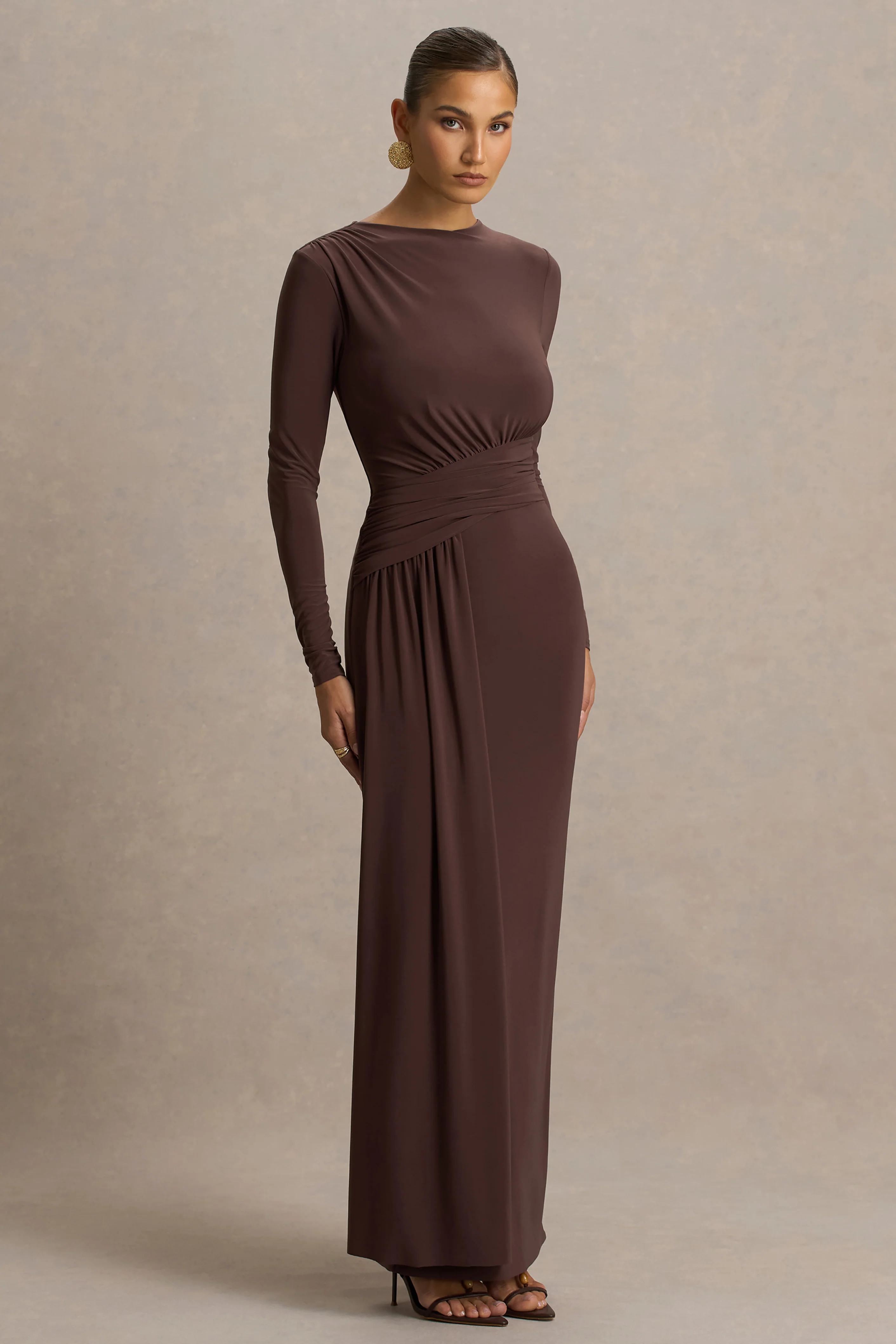 Virelle | Brown Boat-Neck Maxi Dress With Wrap Detail And Sash - Image 5