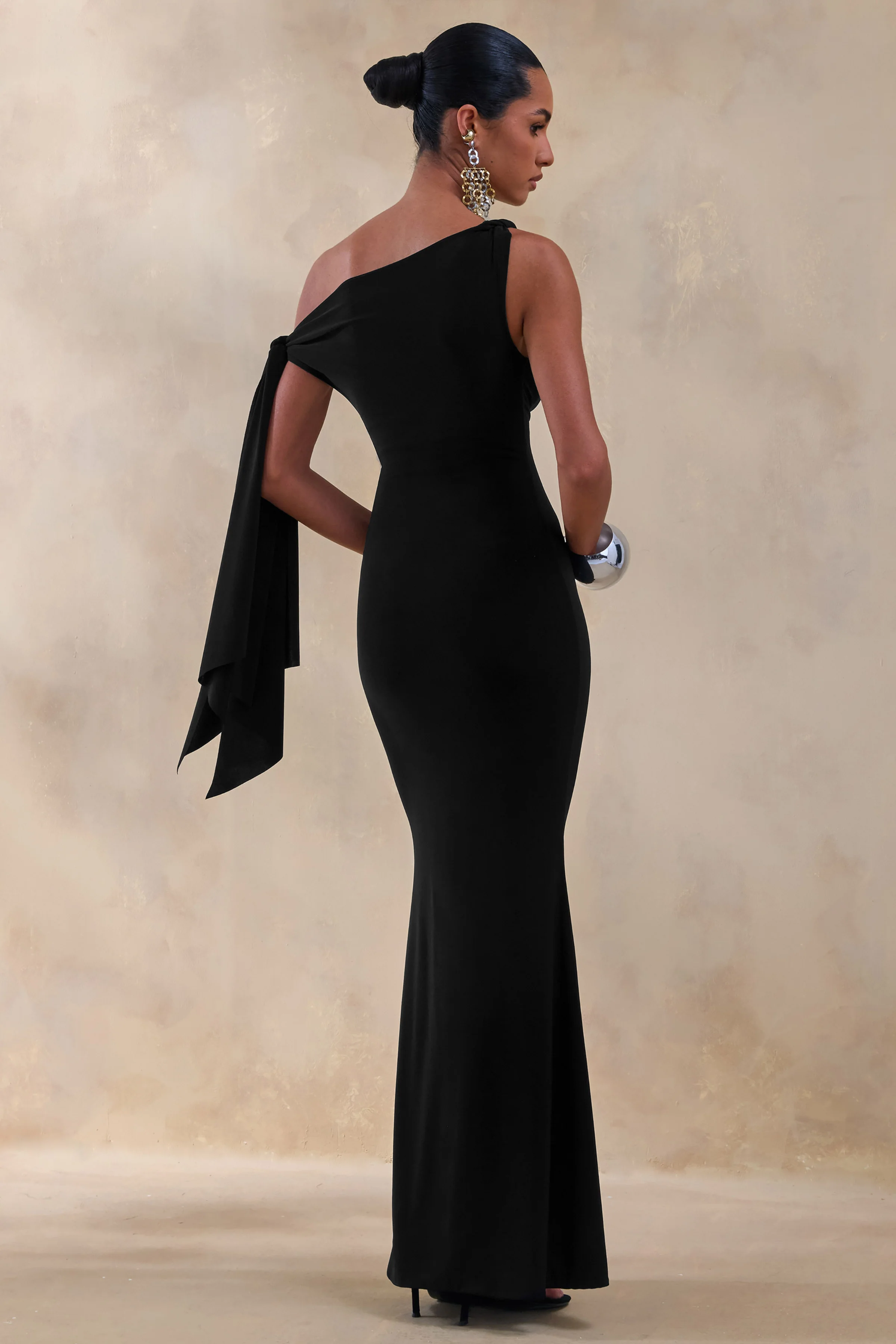 Vista | Black Asymmetric-Neck Maxi Dress With Knot-Sleeve Detail - Image 2