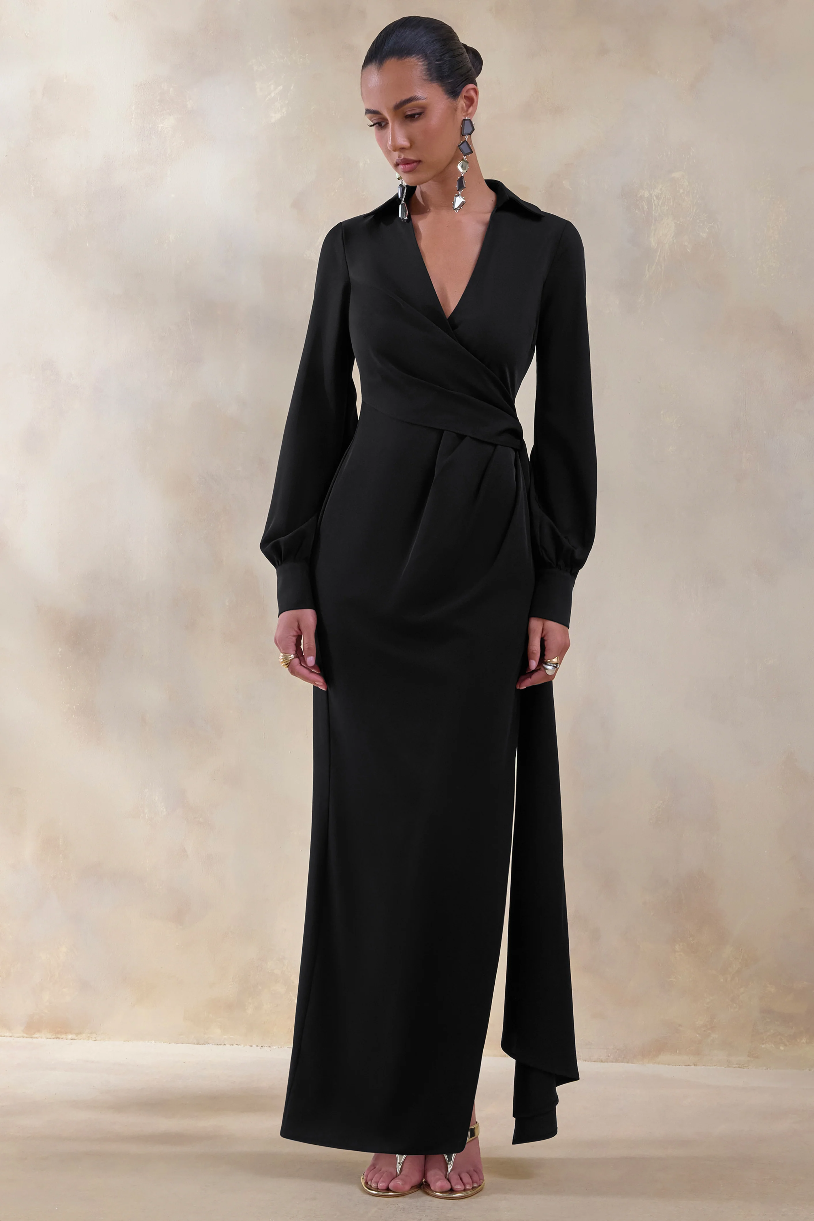 Vita | Black Plunge-Neck Wrap Maxi Dress - Image 5