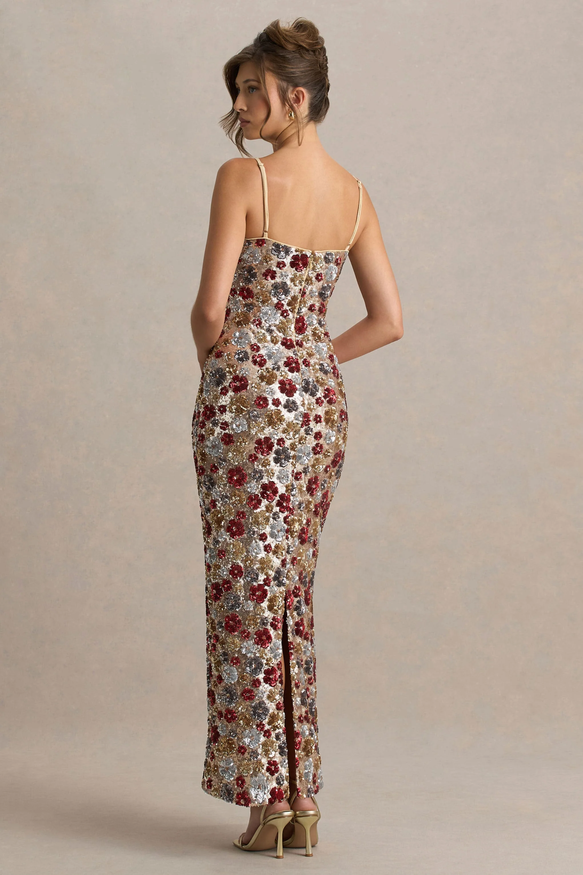 Vitora | Red Floral Embellished Sequin Square-Neck Maxi Dress - Image 2