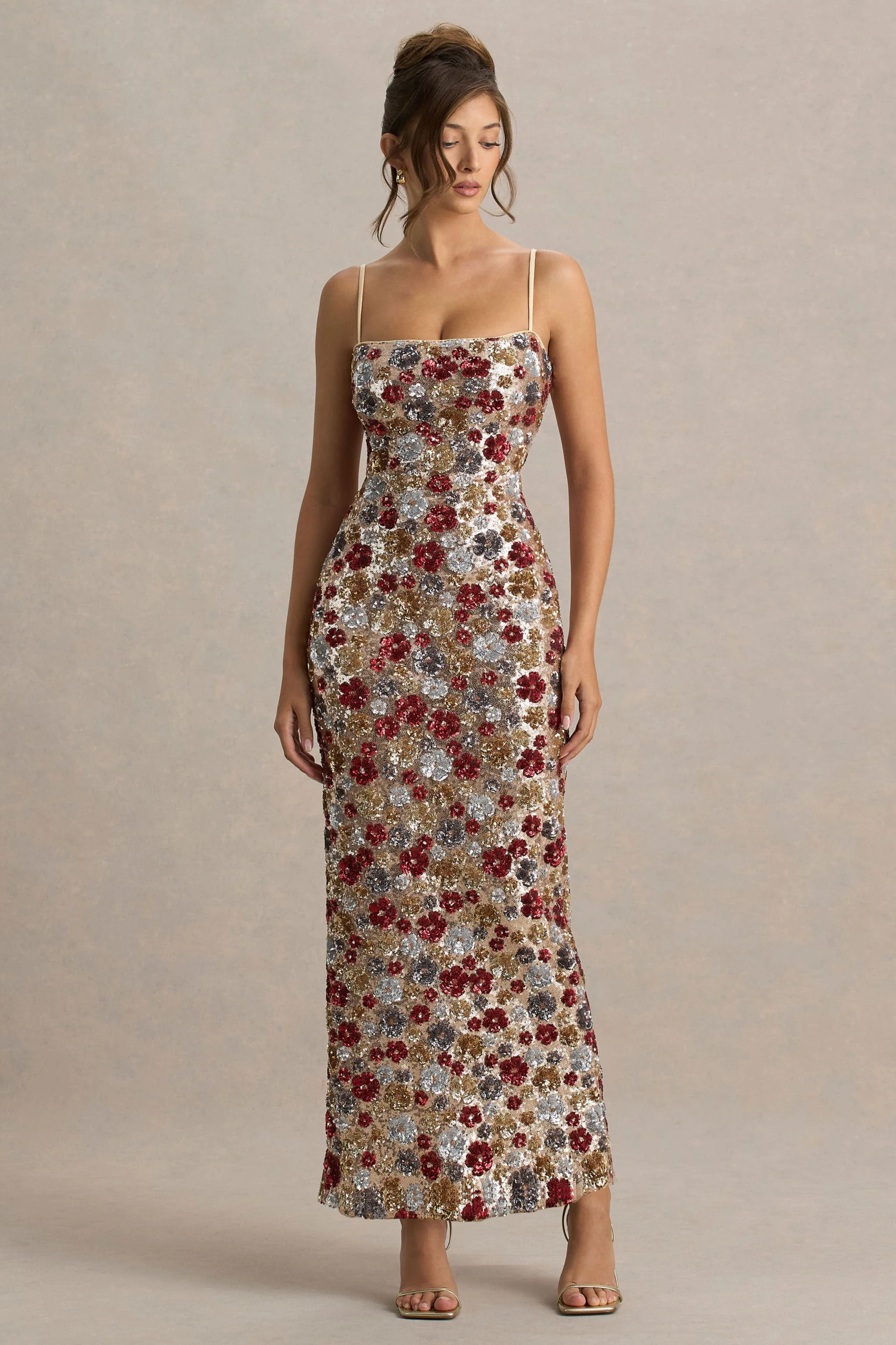 Vitora | Red Floral Embellished Sequin Square-Neck Maxi Dress - Image 4