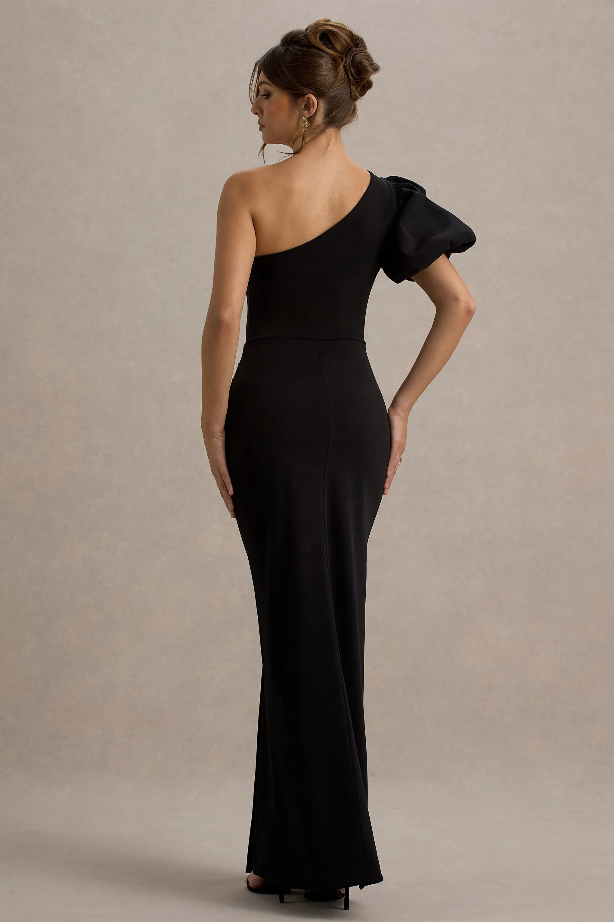 Vittoria | Black Asymmetric Puff-Sleeve Split Maxi Dress - Image 2