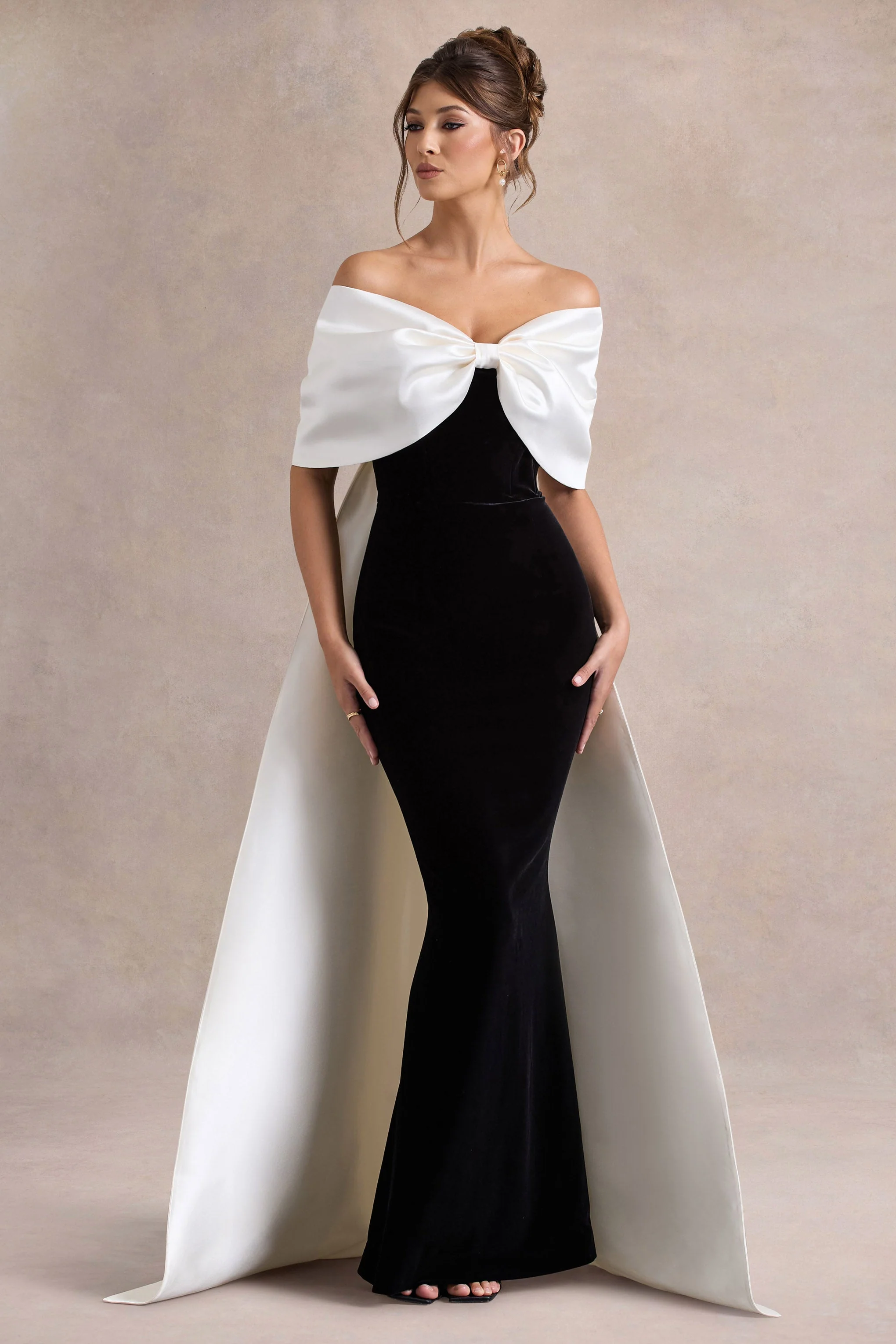 Wanting More | Black & White Satin Cape Maxi Dress With Oversized Bow - Image 2