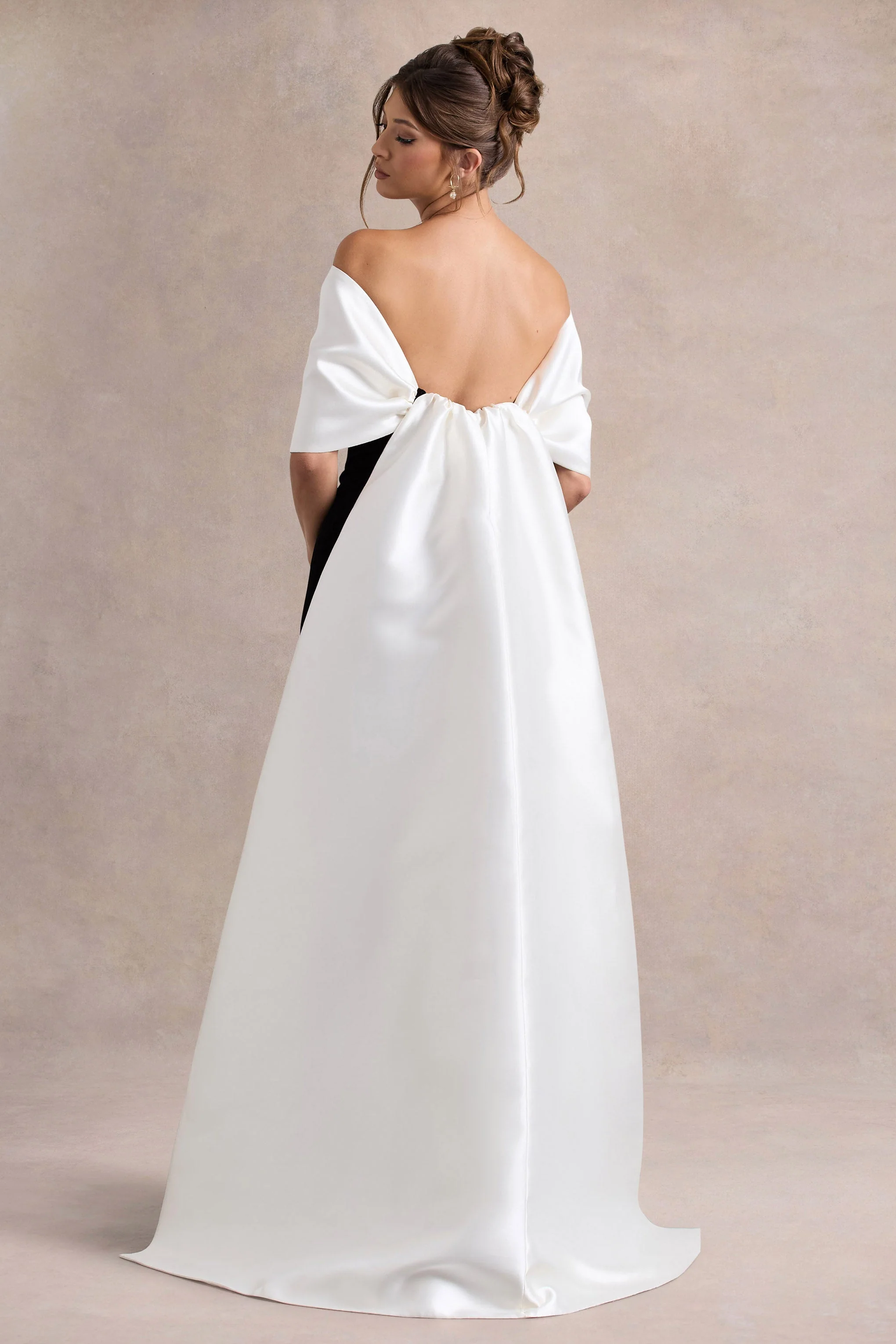 Wanting More | Black & White Satin Cape Maxi Dress With Oversized Bow - Image 3