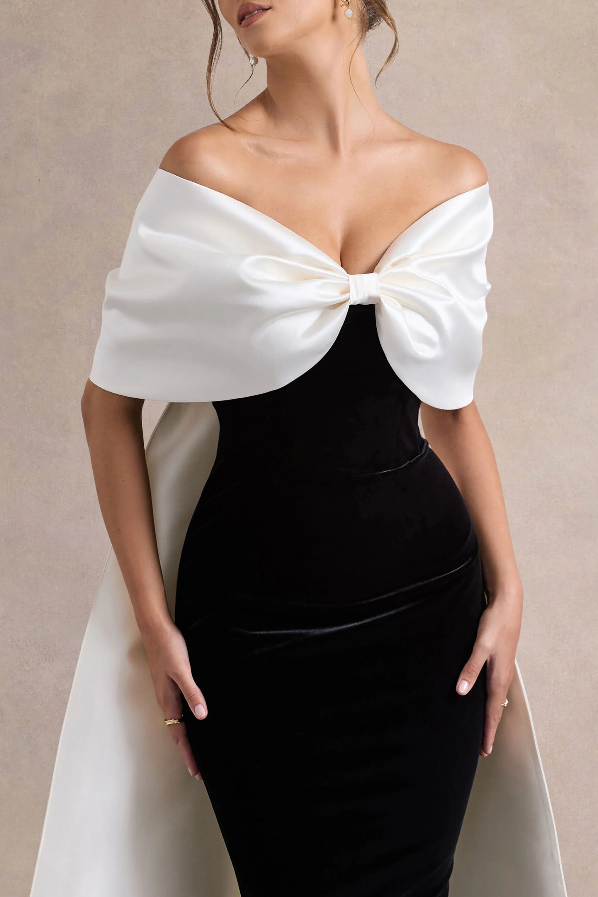 Wanting More | Black & White Satin Cape Maxi Dress With Oversized Bow - Image 4