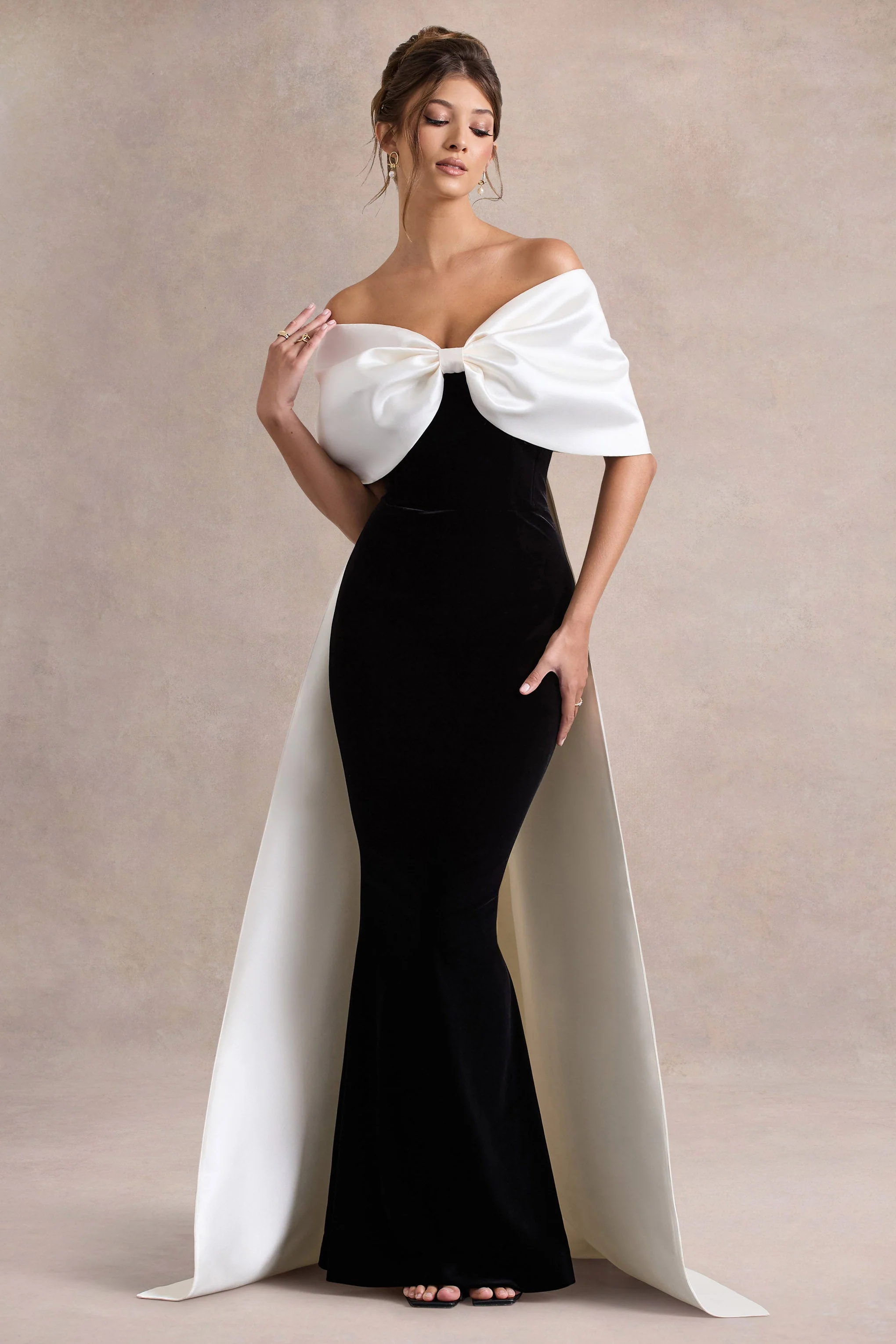 Wanting More | Black & White Satin Cape Maxi Dress With Oversized Bow - Image 5