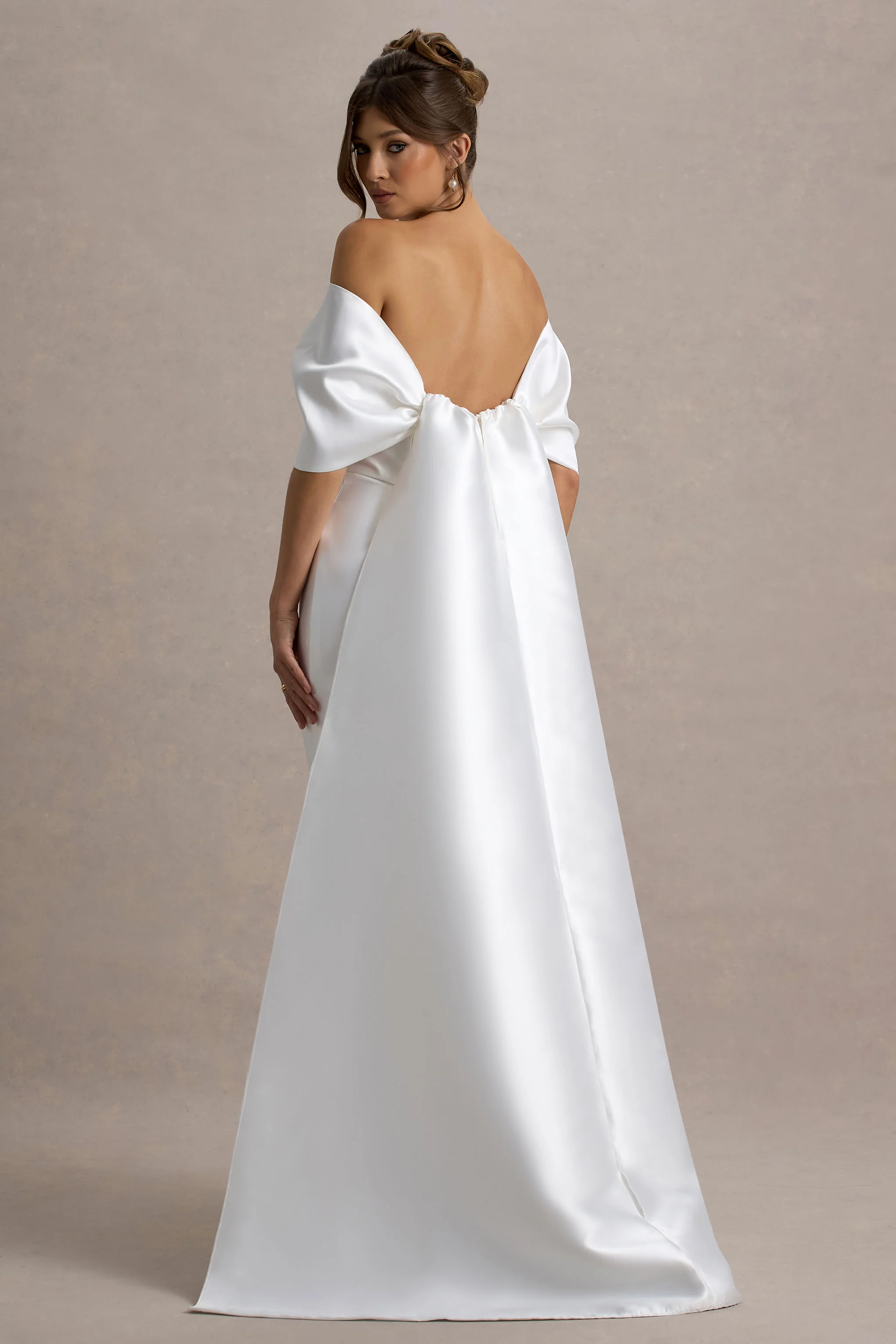 Wanting More | Off White Satin Cape Maxi Dress With Oversized Bow - Image 2