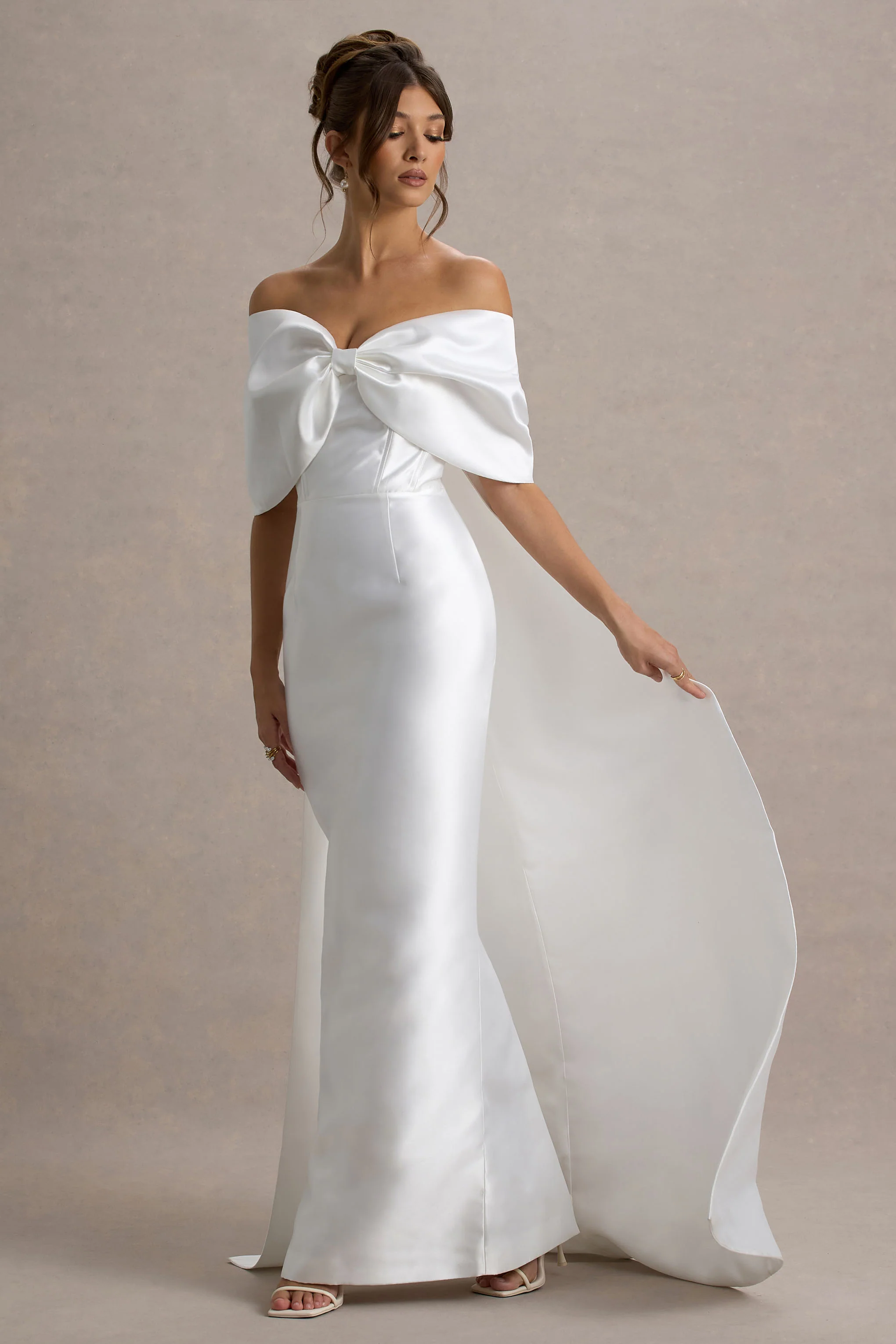 Wanting More | Off White Satin Cape Maxi Dress With Oversized Bow - Image 4