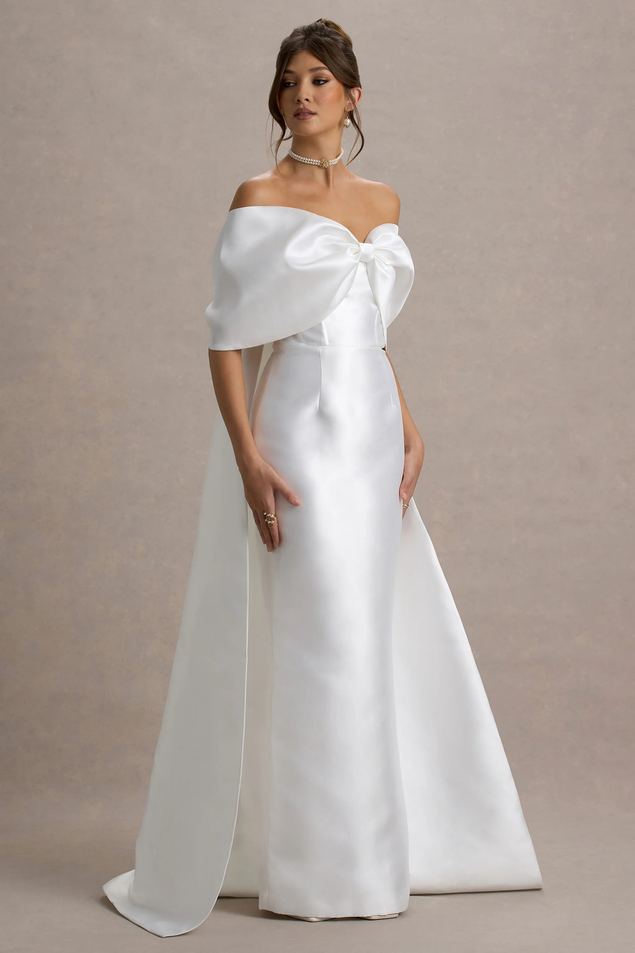 Wanting More | Off White Satin Cape Maxi Dress With Oversized Bow - Image 5